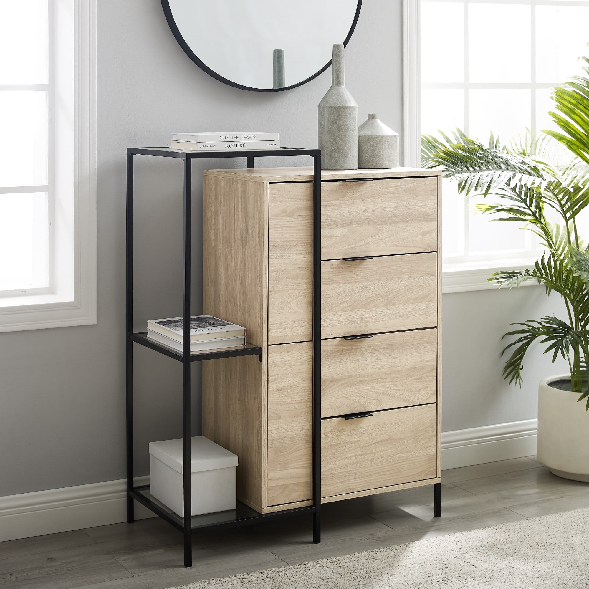 Walker Edison Modern Asymmetric Metal and Wood Accent Chest, Birch