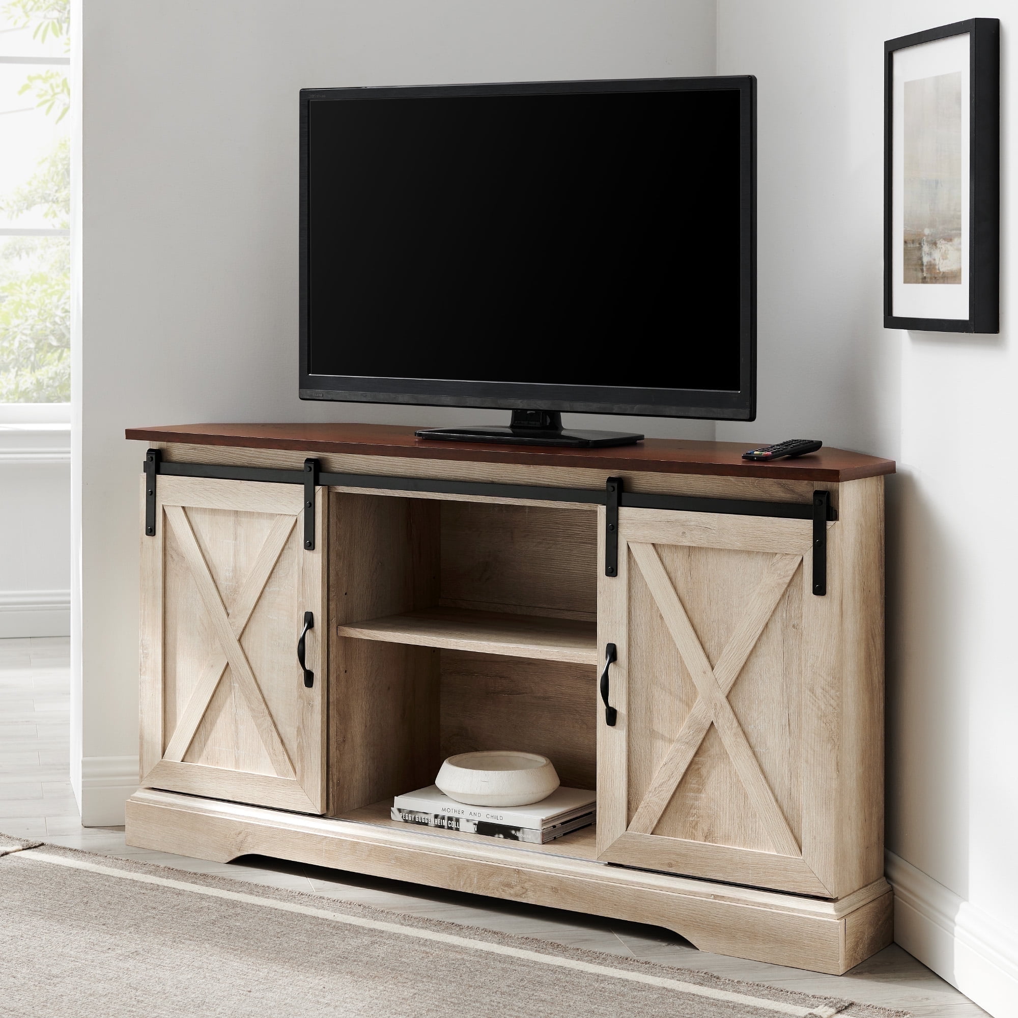 Walker Edison Modern Farmhouse Sliding Door Corner TV Stand, White Oak