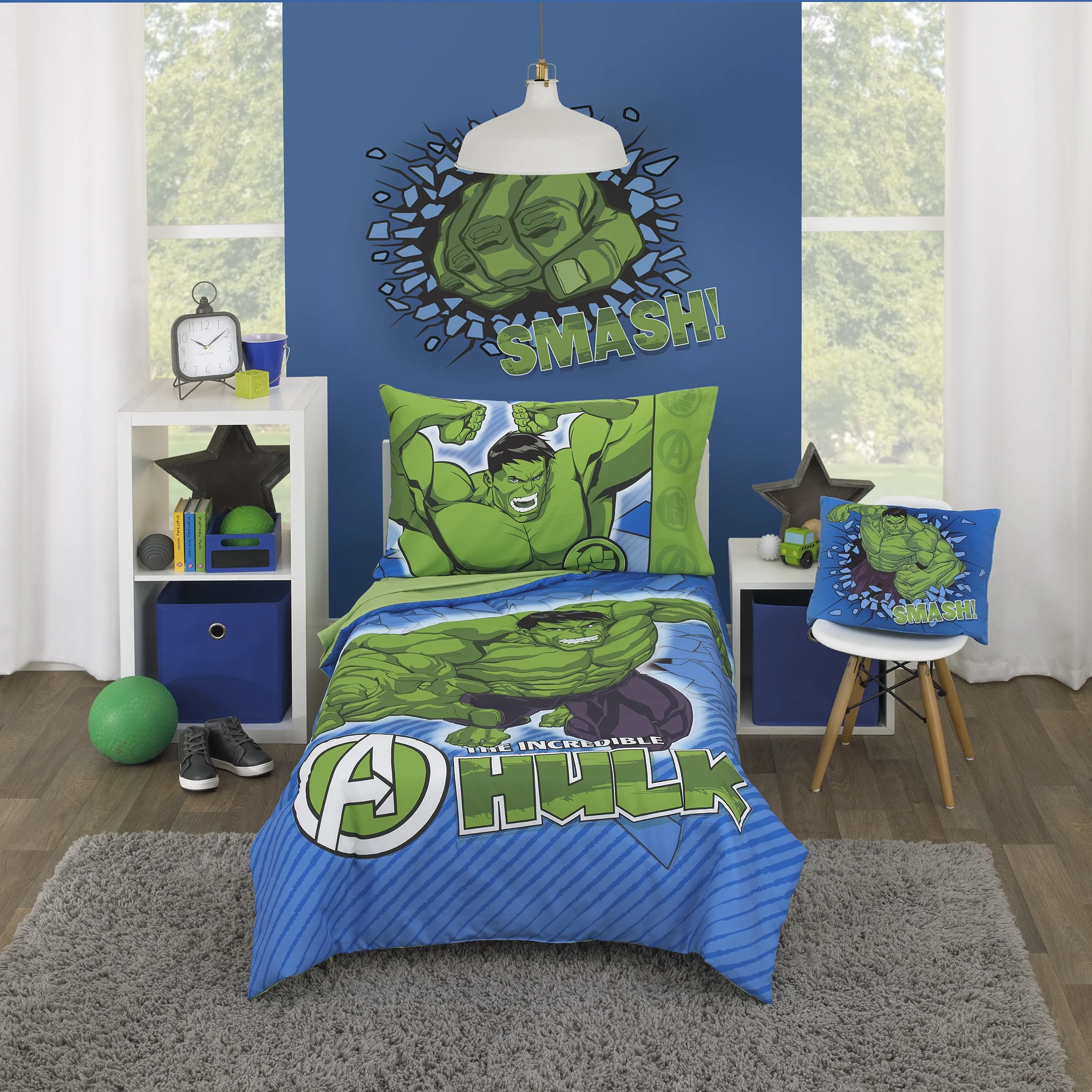 Marvel Hulk the Big Guy 4 Piece Toddler Boy Bedding Set, Comforter, Flat Sheet, Fitted Sheet, Pillowcase