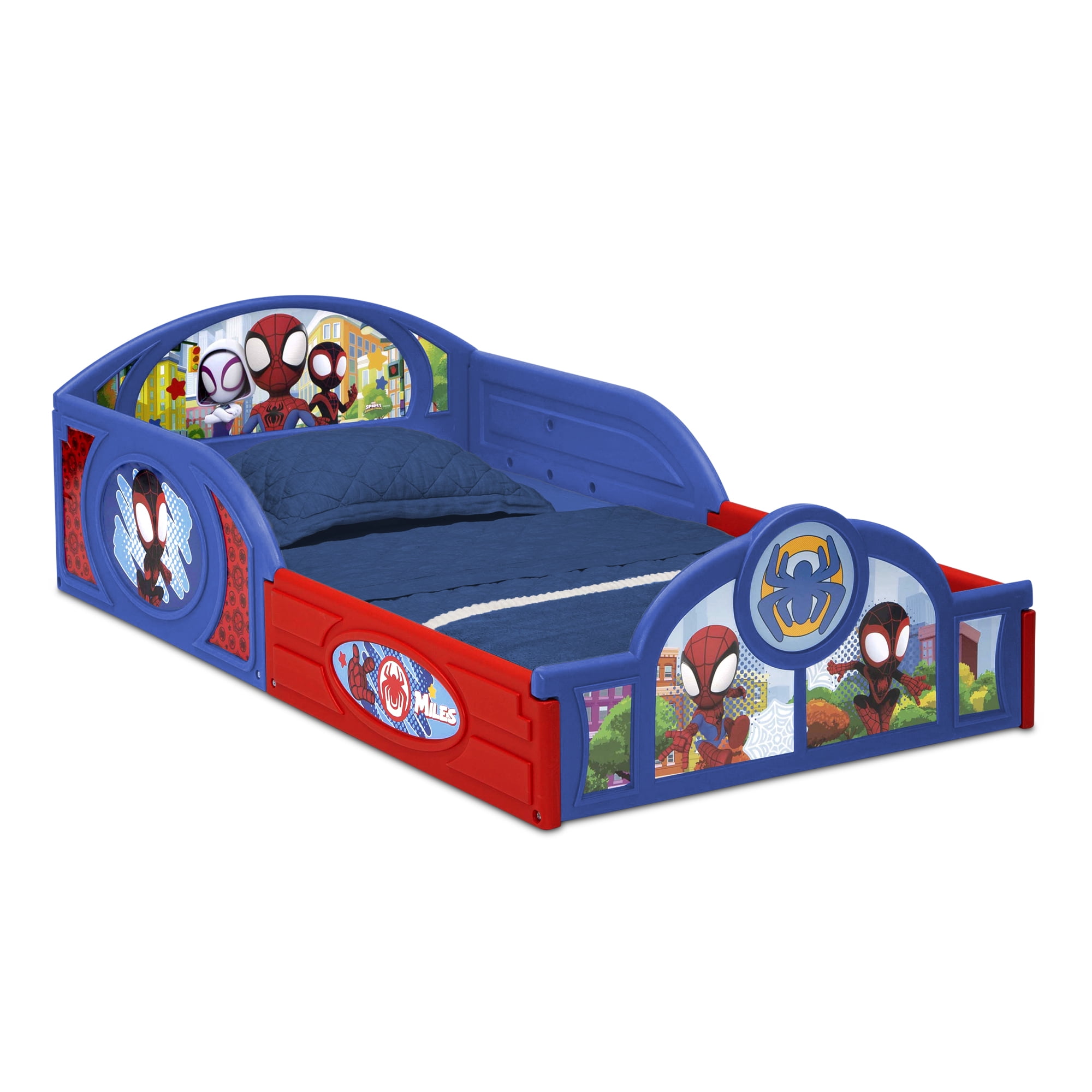Marvel Spidey and His Amazing Friends Sleep and Play Toddler Bed with Built-In Guardrails by Delta Children, Blue