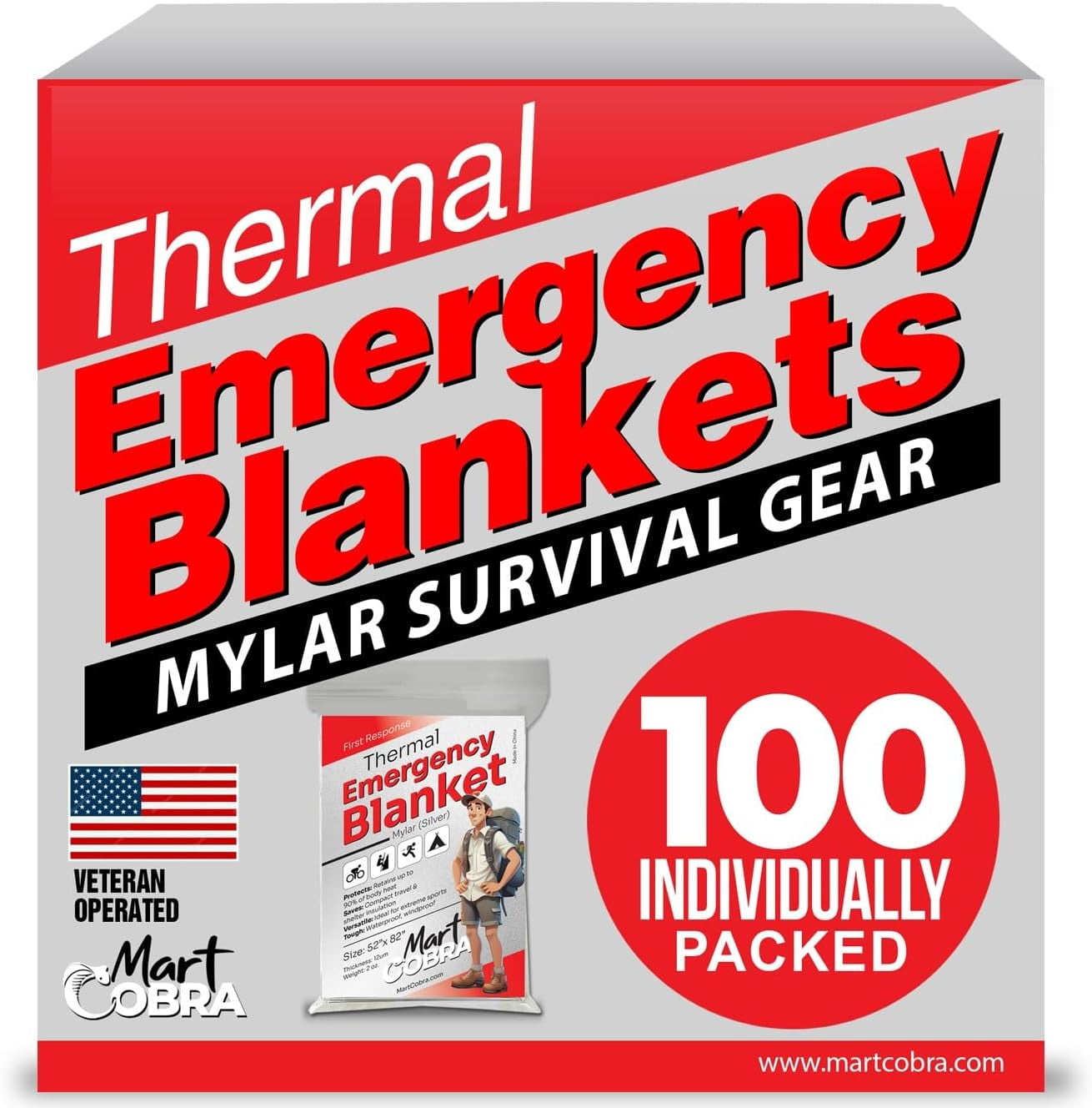 Mart Cobra Emergency Blankets x100 - Mylar Thermal Space Blanket for Survival Gear, Camping Shelter, Emergency Kit & Supplies - Foil Survival Blanket for Outdoors