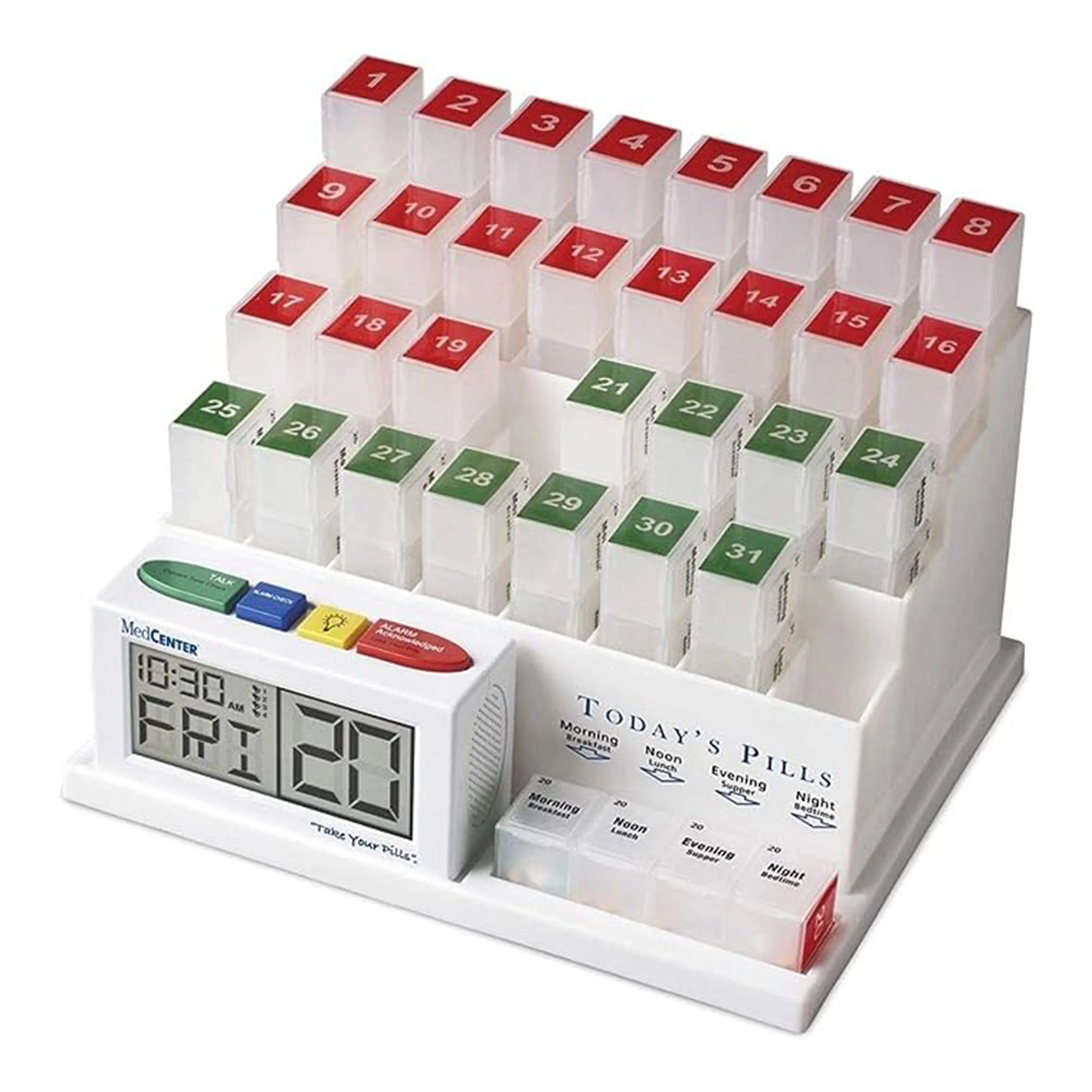 Medcenter 31-Day Pill Organizer with 4 Compartments and Alarm Clock – for Medications and Vitamins