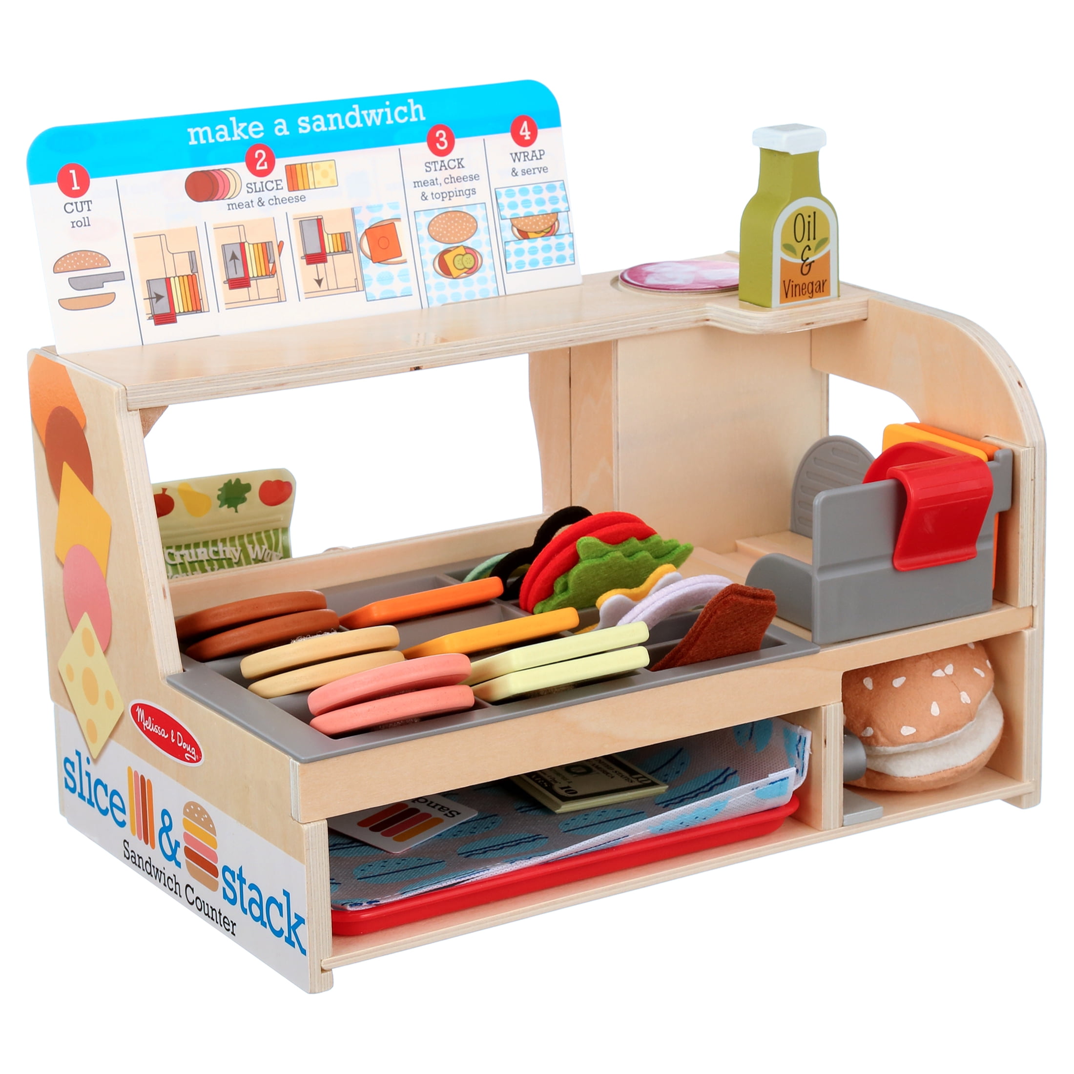 Melissa & Doug Wooden Slice & Stack Sandwich Counter with Deli Slicer – 56-Pieces - FSC Certified