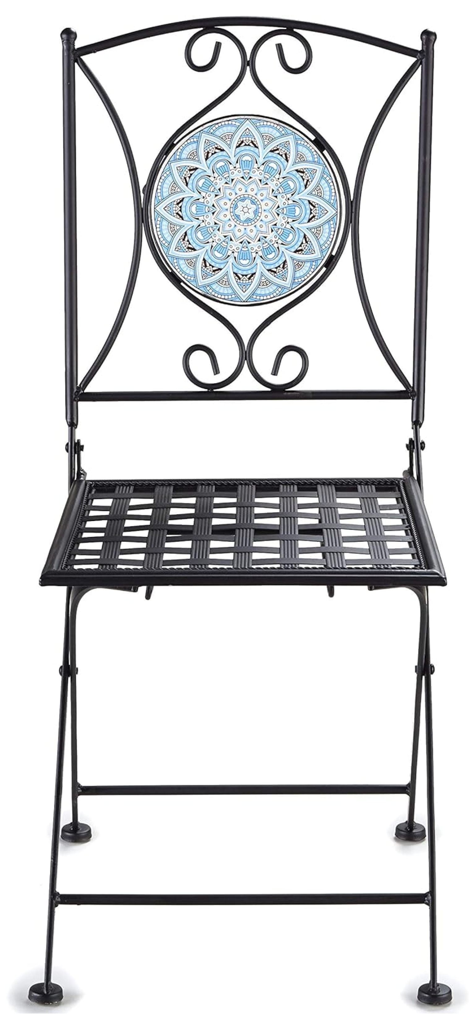 Metal Folding Patio Chair with Decorative Tile Mosaic - Black