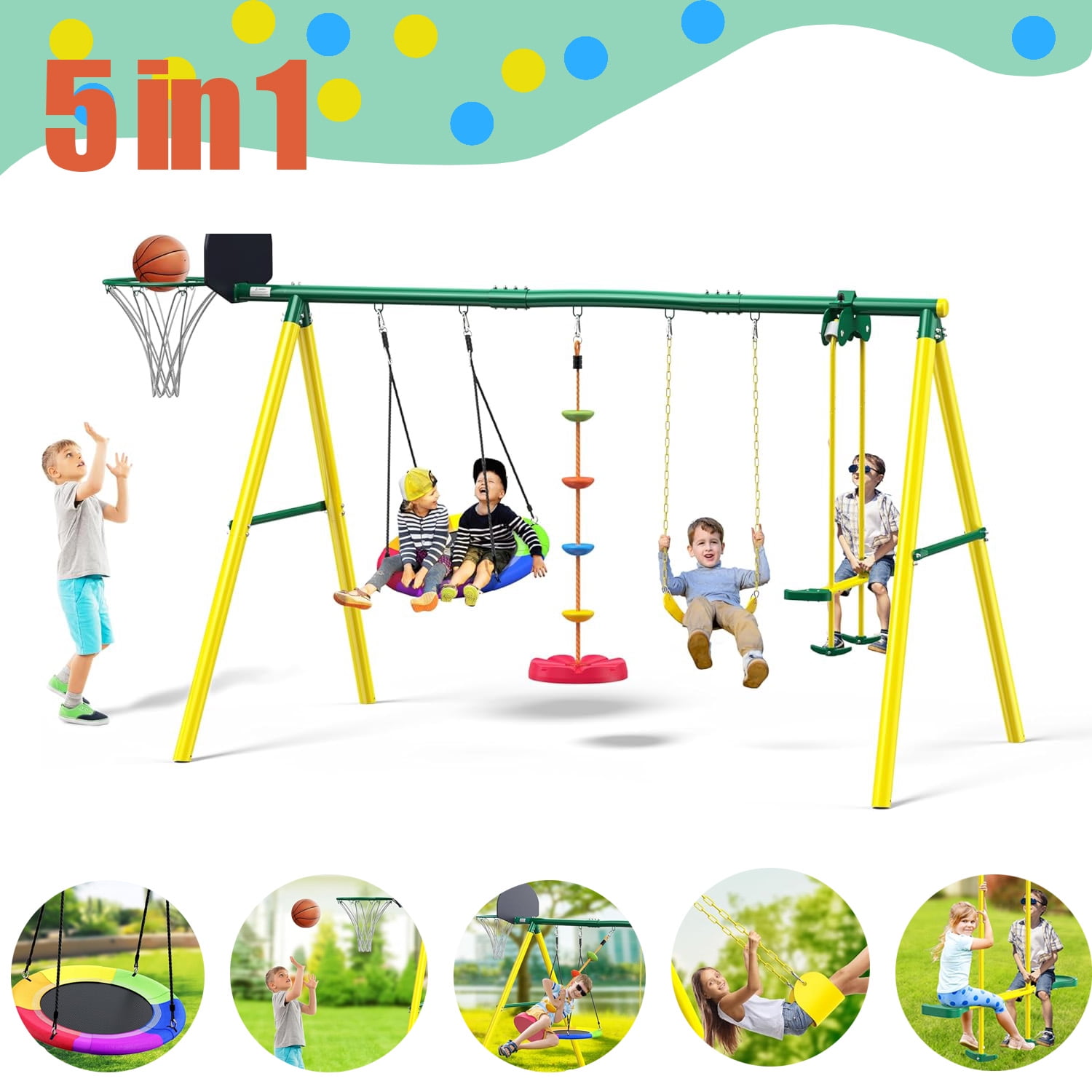 Metal Swing Sets for Backyard,Heavy-Duty Outdoor Kids Playsets for Playground,Outside Toys with Saucer Swing, Glider, Rope Swing, and Basketball Hoop for Aged 3-12