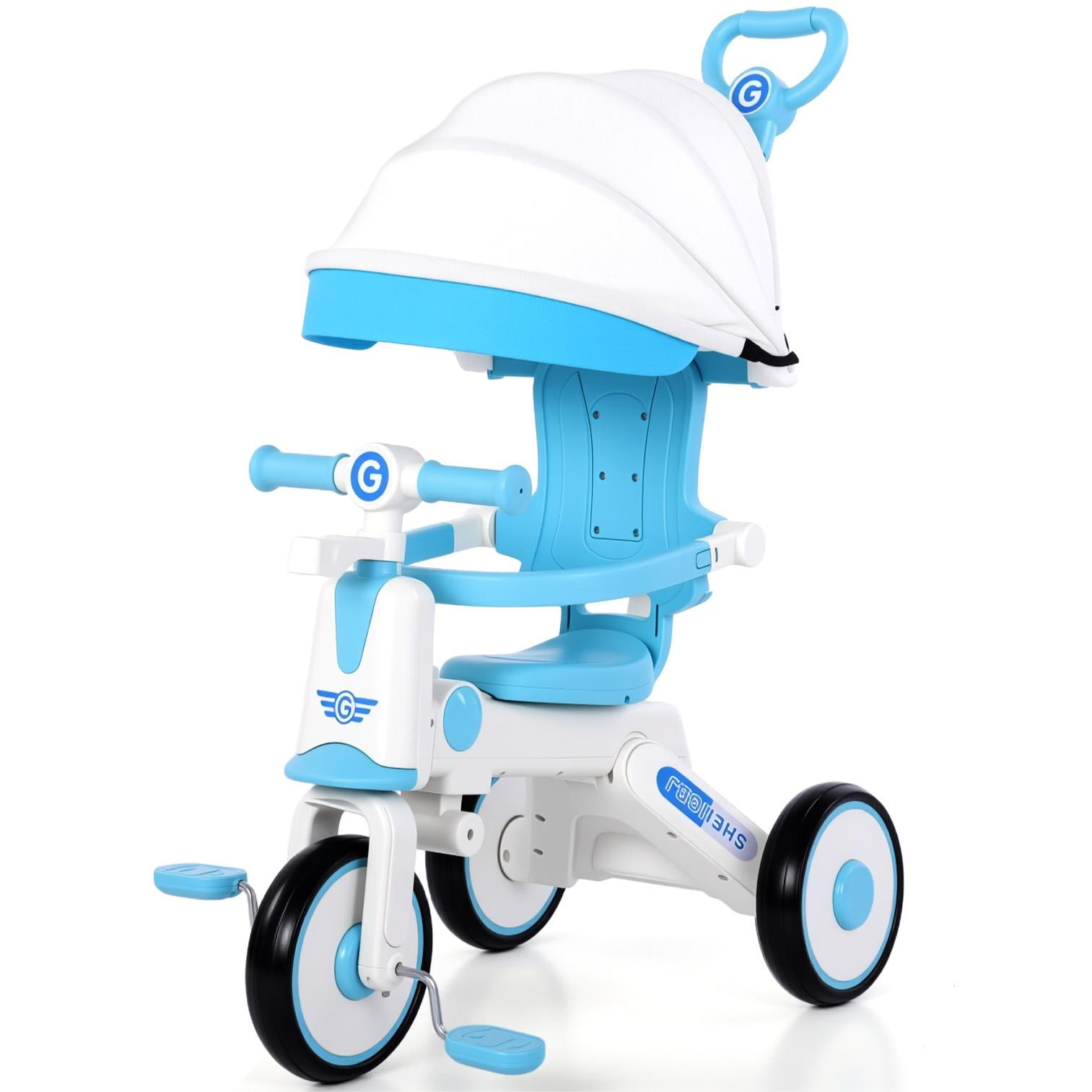 EOTVIA Tricycle for Kids, Toddler Tricycle with Light and Music, Kids Trike Beginner Tricycle with Removable Canopy, Baby Bike with Adjustable Push Handle, Toddler Bike for 1-4 Years Old Girls Boys