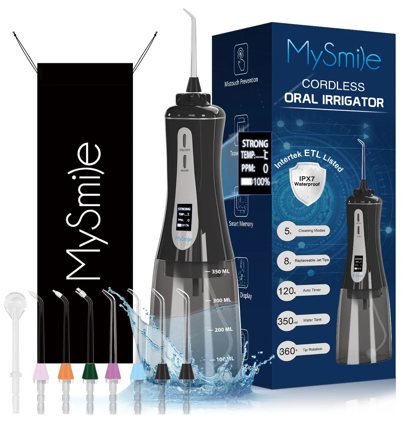 MySmile LP201 OLED Cordless Water Flosser for Teeth Braces, Gums, Dental Hygiene,350ml Large Tank, Portable Electric Oral Irrigator, 5 Modes, 8 Jet Tips, Black