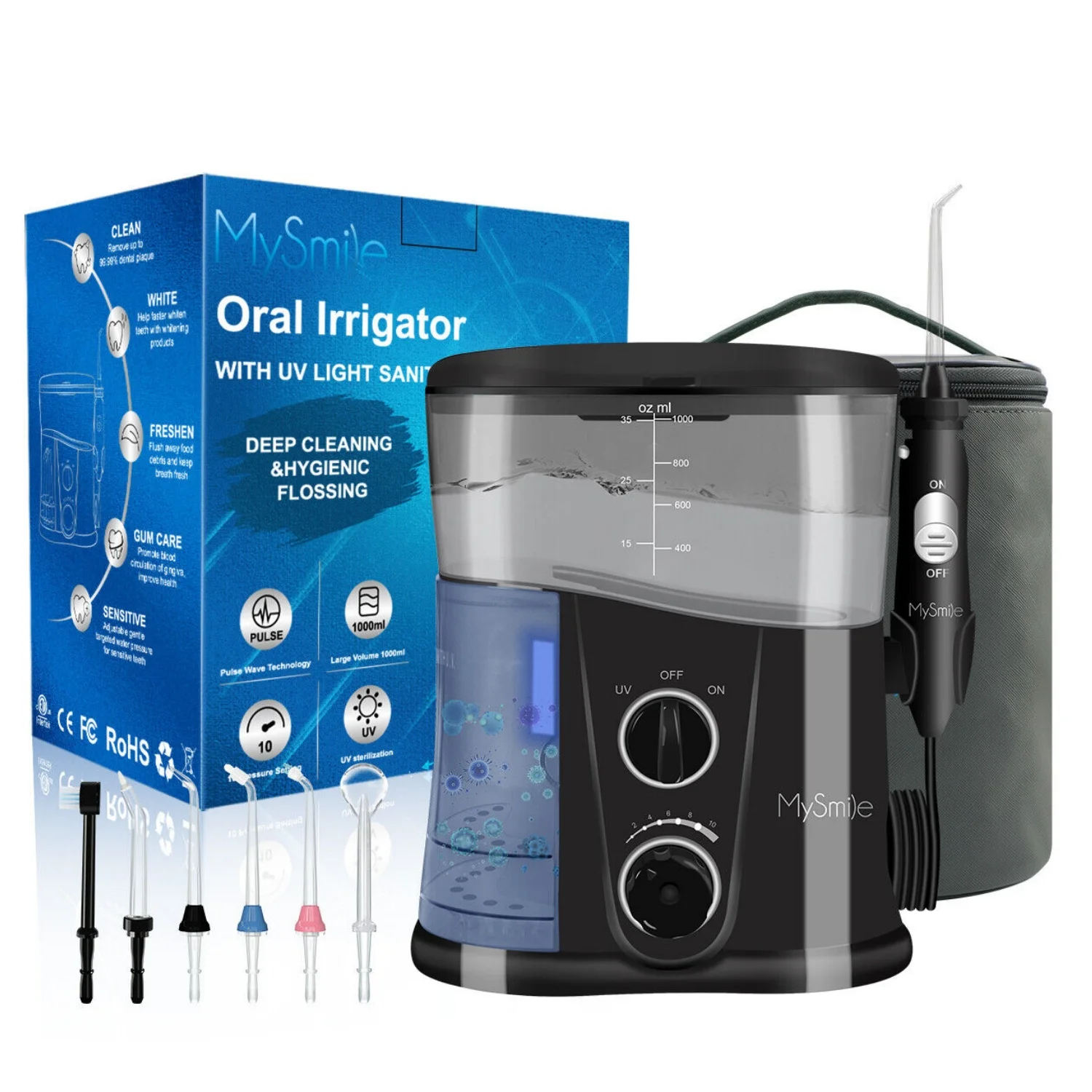 MySmile 1000ML Countertop Water Dental Flosser Teeth Cleaner 10 Settings Electric Power Oral Irrigator with Blue Light Storage Bag and 7 Jet Tips