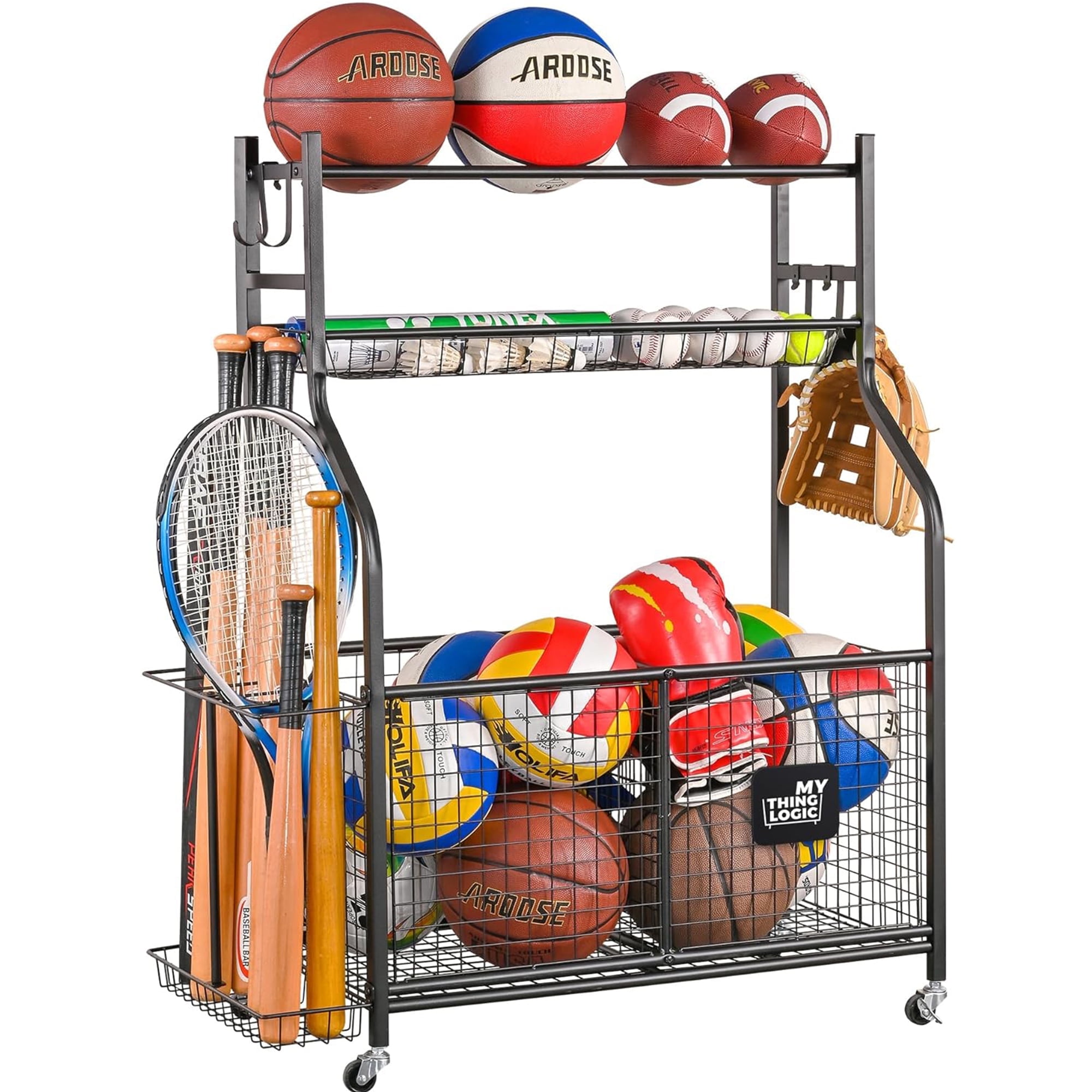 Mythinglogic Garage Sports Equipment Organizer, Basketball Ball Storage with Hooks and Baskets for Indoor Outdoor