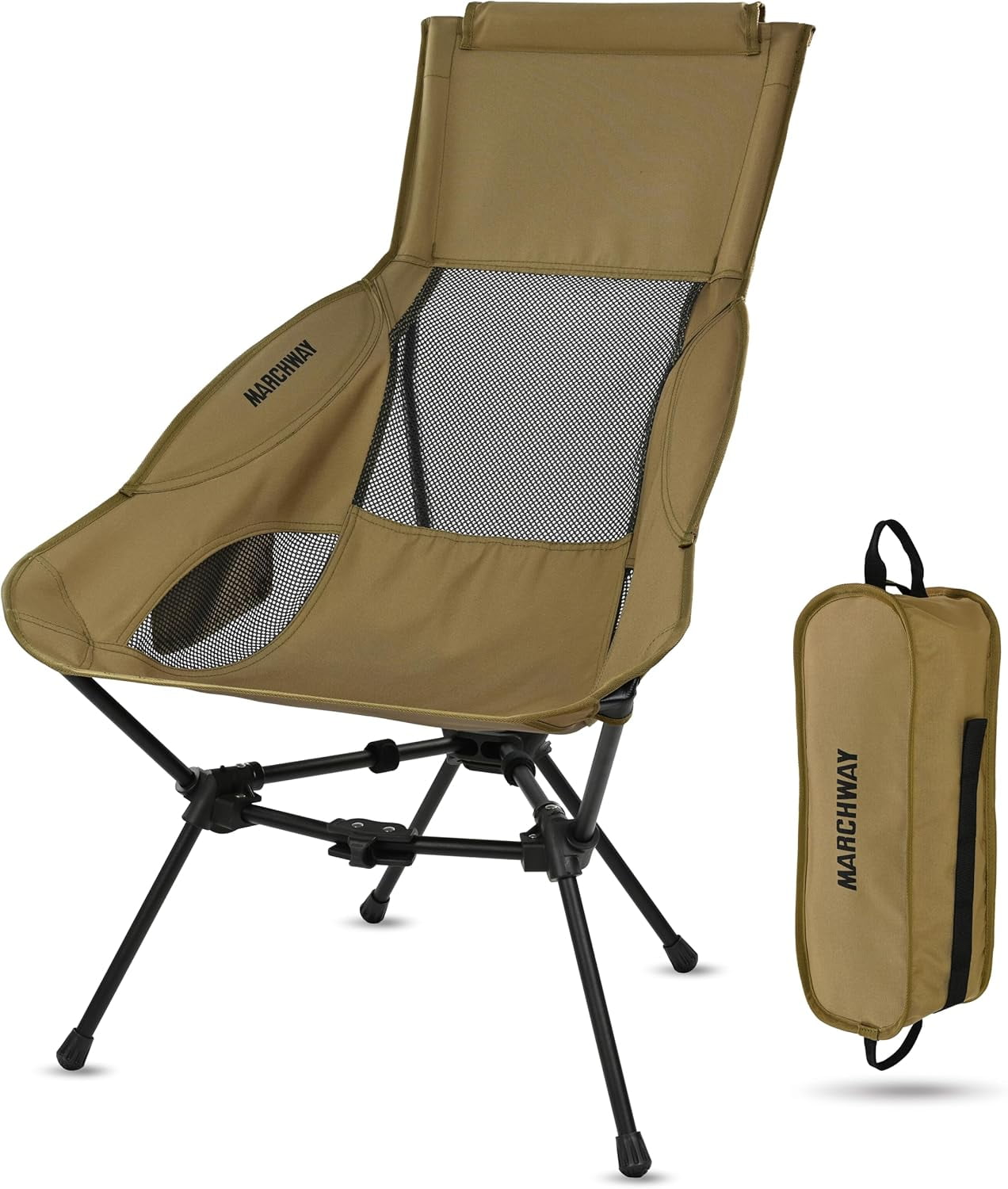 MARCHWAY Lightweight Folding High Back Camping Chair with Head Support, Stable Portable Compact for Outdoor Camp, Travel, Beach, Picnic, Festival, Hiking, Backpacking (Khaki)