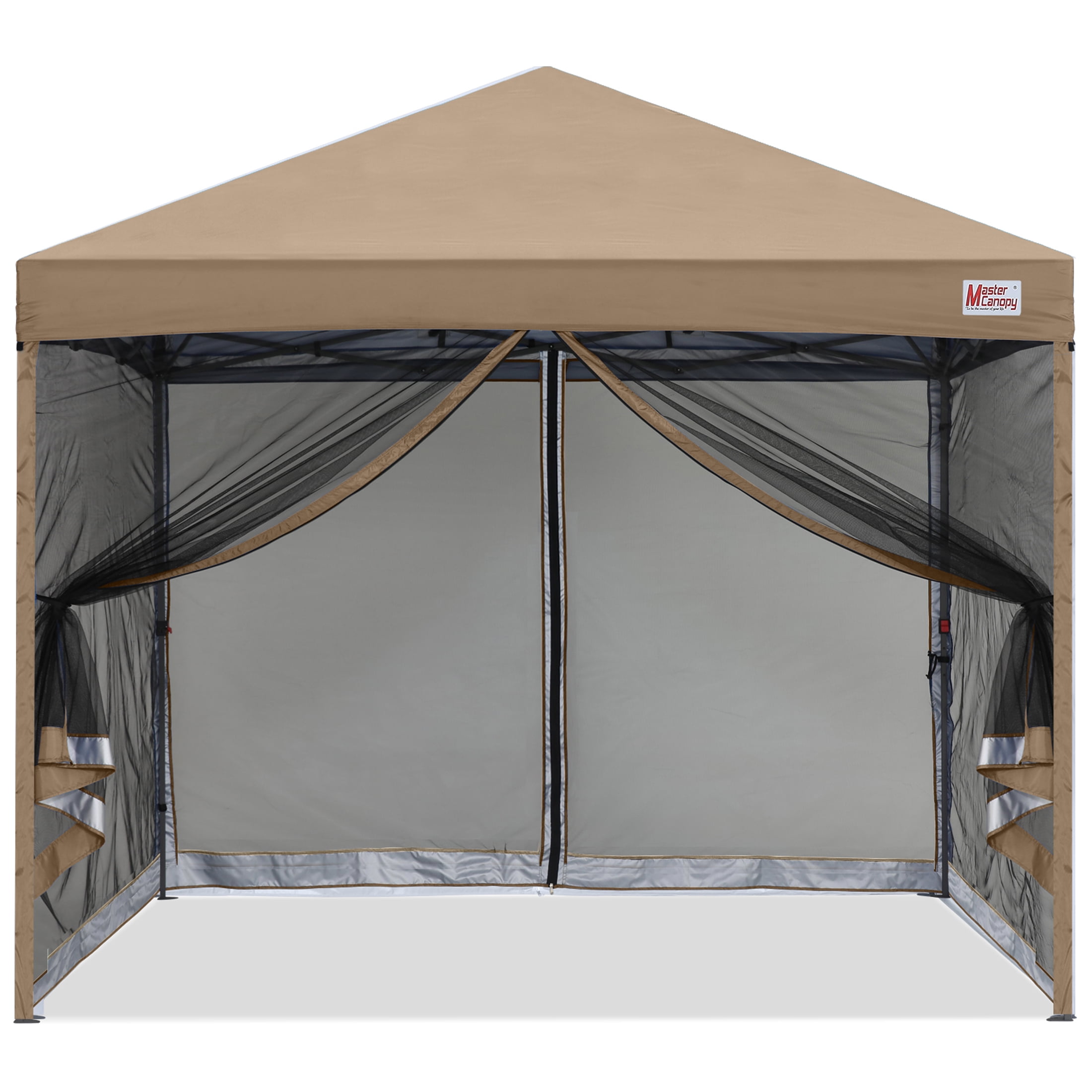 MASTERCANOPY 8' x 8' Pop-up Canopy Tent Outdoor Screen House Shelter with Mesh Walls, Khaki
