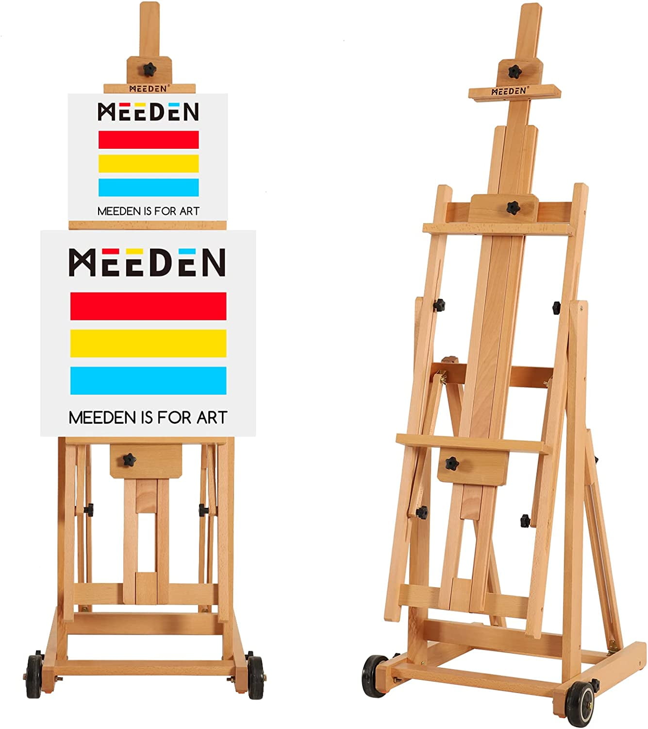 MEEDEN Large H-Frame Studio Easel, Wooden Art Easel with Wheels, Studio Artist Easel for Painting, Movable and Tilting Flat Available, Holds Canvas up to 77"