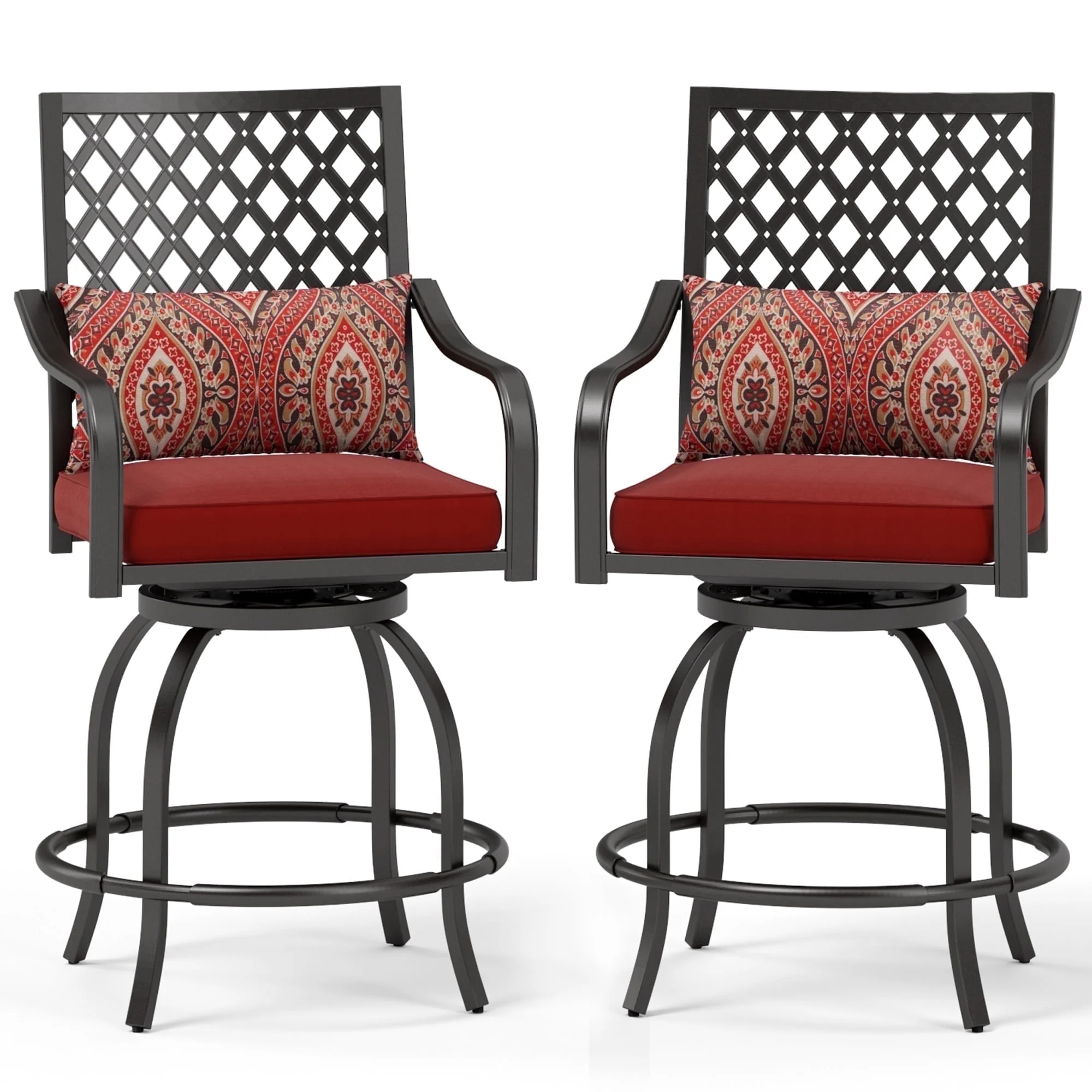Summit Living High Top Outdoor Swivel Bar Stools Set of 2, Patio Counter Height Chairs with Seat and Back Cushion, Red