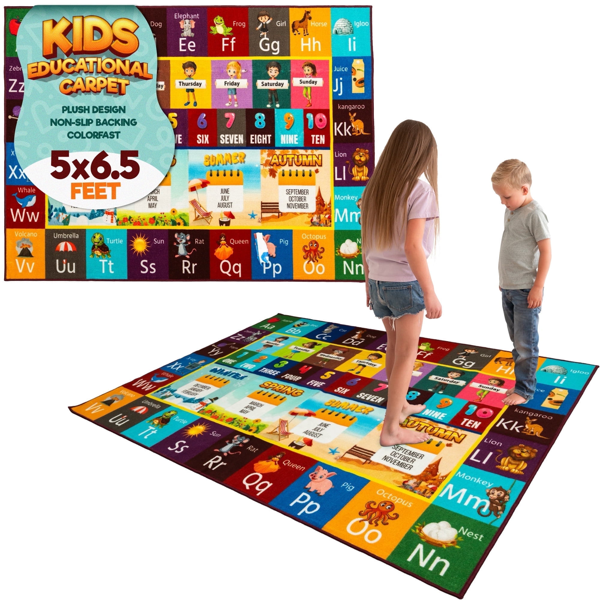MOMOTOYS Learning Playmat, Alphabet, Numbers & Animals Playroom Kids Rug, 5 ft x 6.5 ft w/ Coloring Book