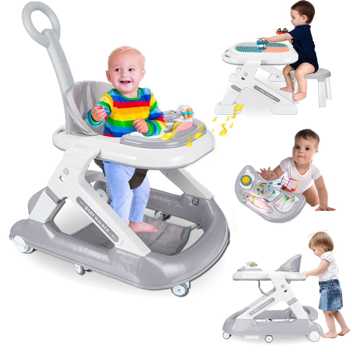 MONEHANE Baby Walker, 5-in-1 Infant Toddler Walker and Baby Activity Center with Block Table &Music Tray, Foldable Baby Walkers with Wheels for Baby Boys & Baby Girls, Gray