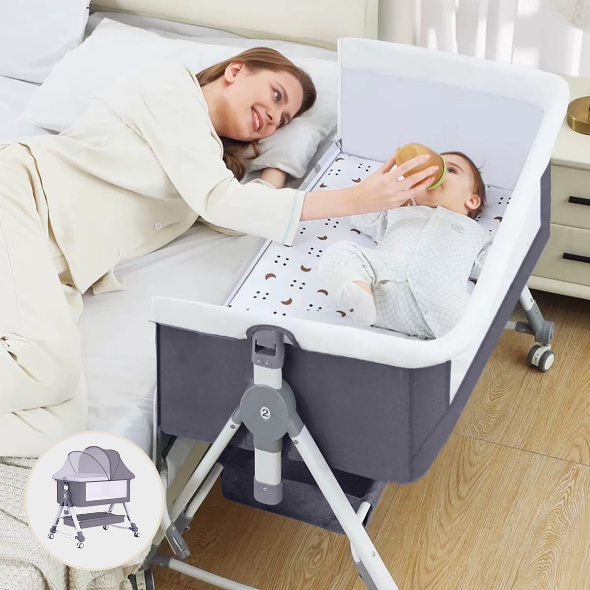 Liyufly Baby Bassinet, 4 in 1 Infant Bedside Crib with Storage Basket and Wheel &Changing Table, Adjustable Infant Cradle, Gray