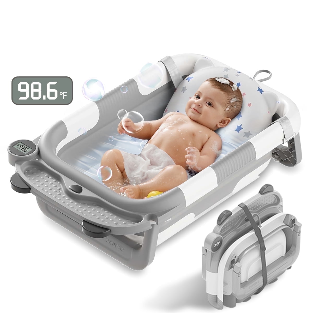 Liyufly Foldable Baby Bath Tubs, Portable Collapsible Baby Bathtub with Soft Floating Cushion & Thermometer for Infant to Toddler, Bear, Gray