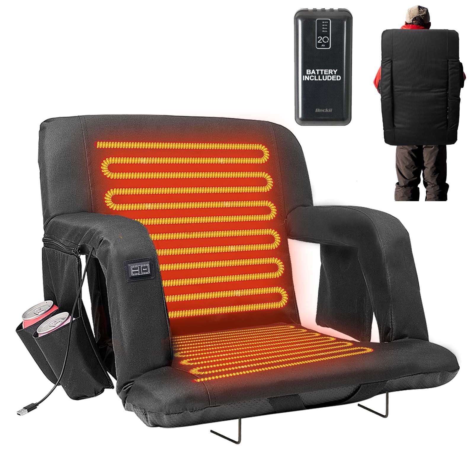 MOPHOTO Heated Stadium Seat Bleacher Seat with Back & Arm Support, Portable 6 Reclinng Positions Stadium Seating for Bleachers, Bleacher Seats for Sports Events, Outing, Travelling, Hiking