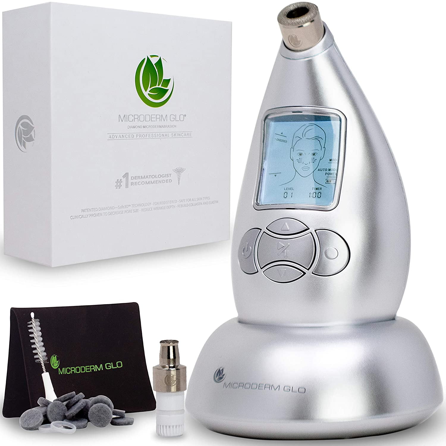 Microderm GLO Diamond Microdermabrasion Machine Professional and Suction Tool, Clinical Micro Dermabrasion Kit, Silver