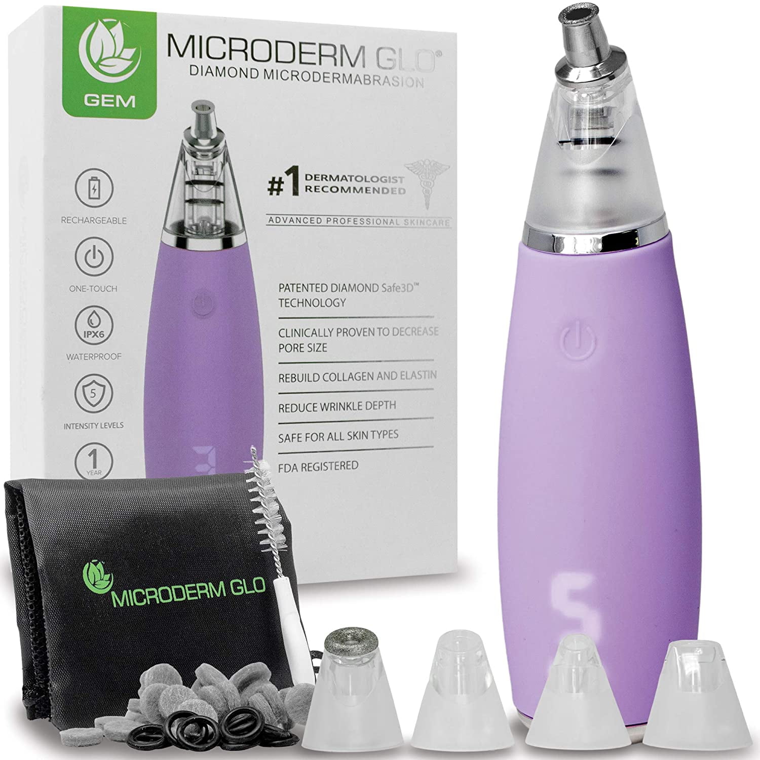 Microderm GLO GEM Diamond Microdermabrasion and Suction Tool, Pore Vacuum for Skin Toning, Purple