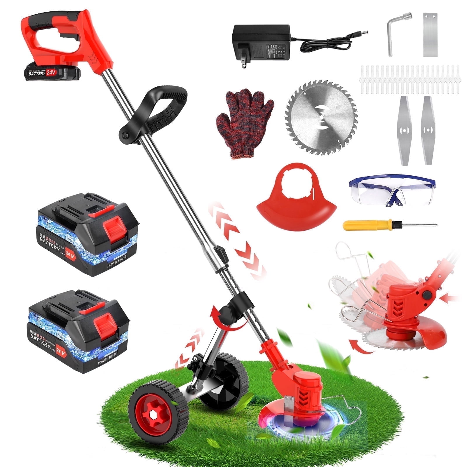 24V 650W Lawn Mover Electric Grass Trimmer Cordless W/2 Batteries, Battery Weed Eater, Electric Weed Wacker, Lawn Mower Cordless Pruning Cutter Weed Wacker Garden Trimming Tool