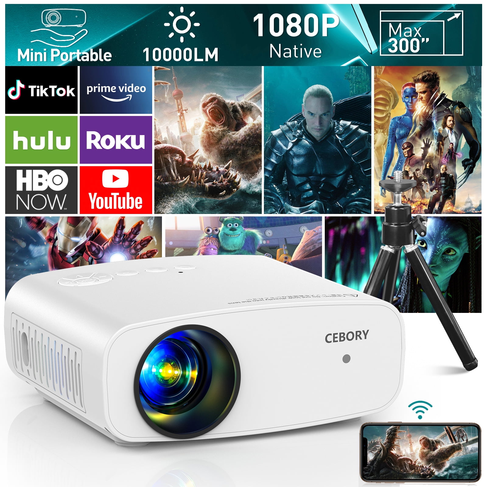 Electric Focus 5G WiFi Bluetooth Video Projector, Full HD 1080P Outdoor Movie Projector (Projector Screen and Tripod Included), Portable Projector Compatible With HDMI/ USB/ AV/ Smartphone/ TV Stick