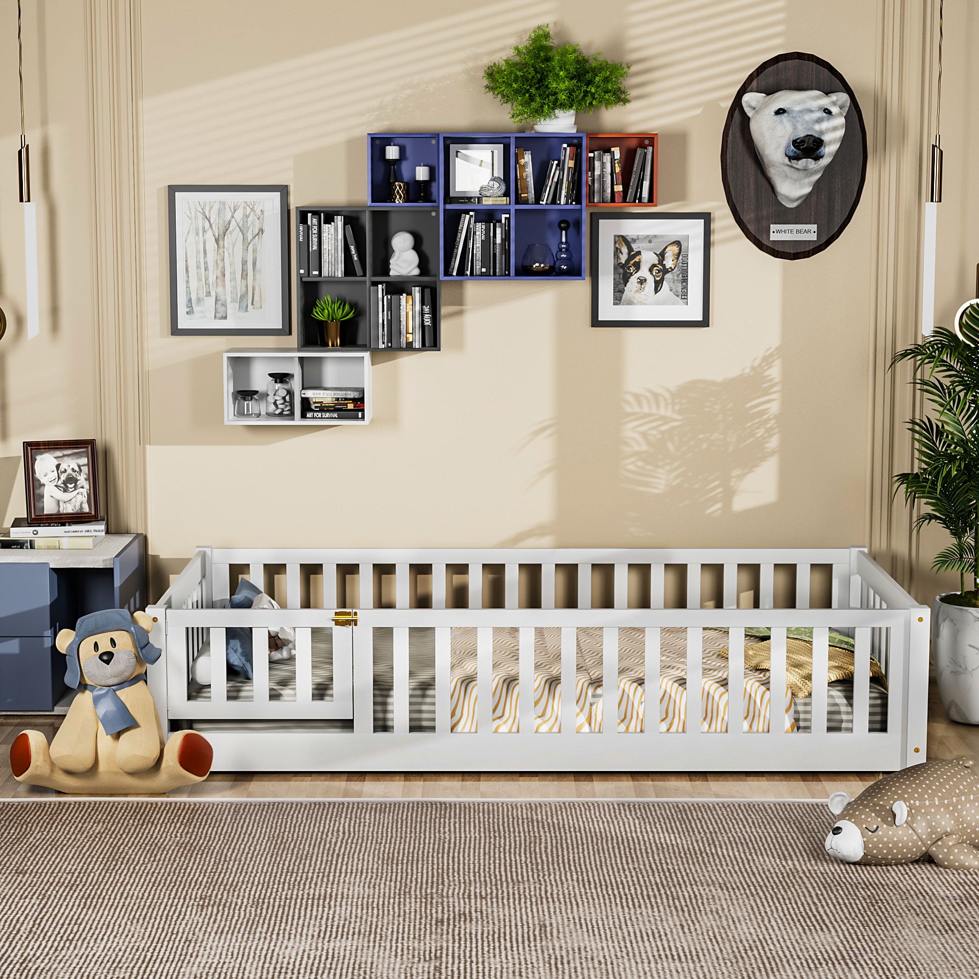 Miniyam Twin Size Toddler Floor Bed with Fence, White