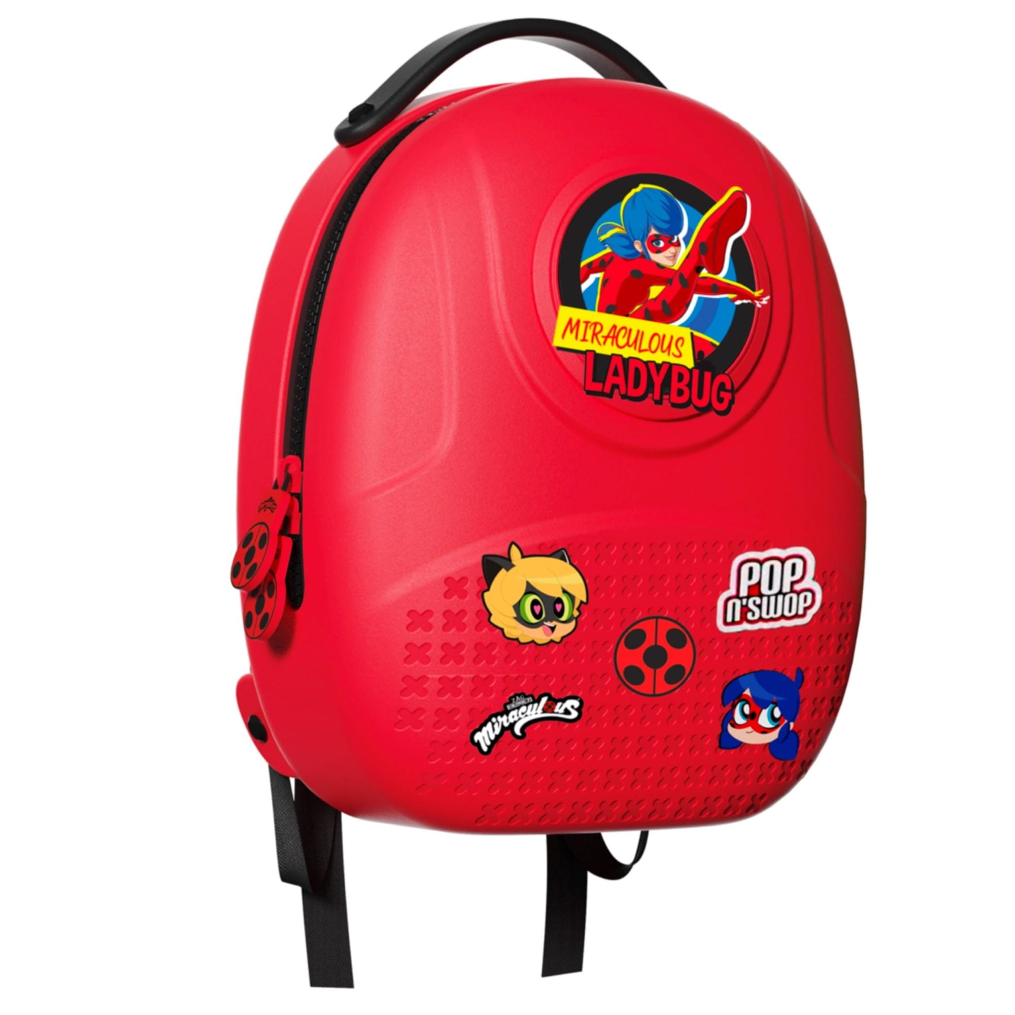 Miraculous Ladybug Pop n' Swop Kids Backpack for Back to School Black Handle - Customizable 6 Clip-on Badges, Lightweight Durable & Waterproof, School Bag with Adjustable Straps (Ladybug)