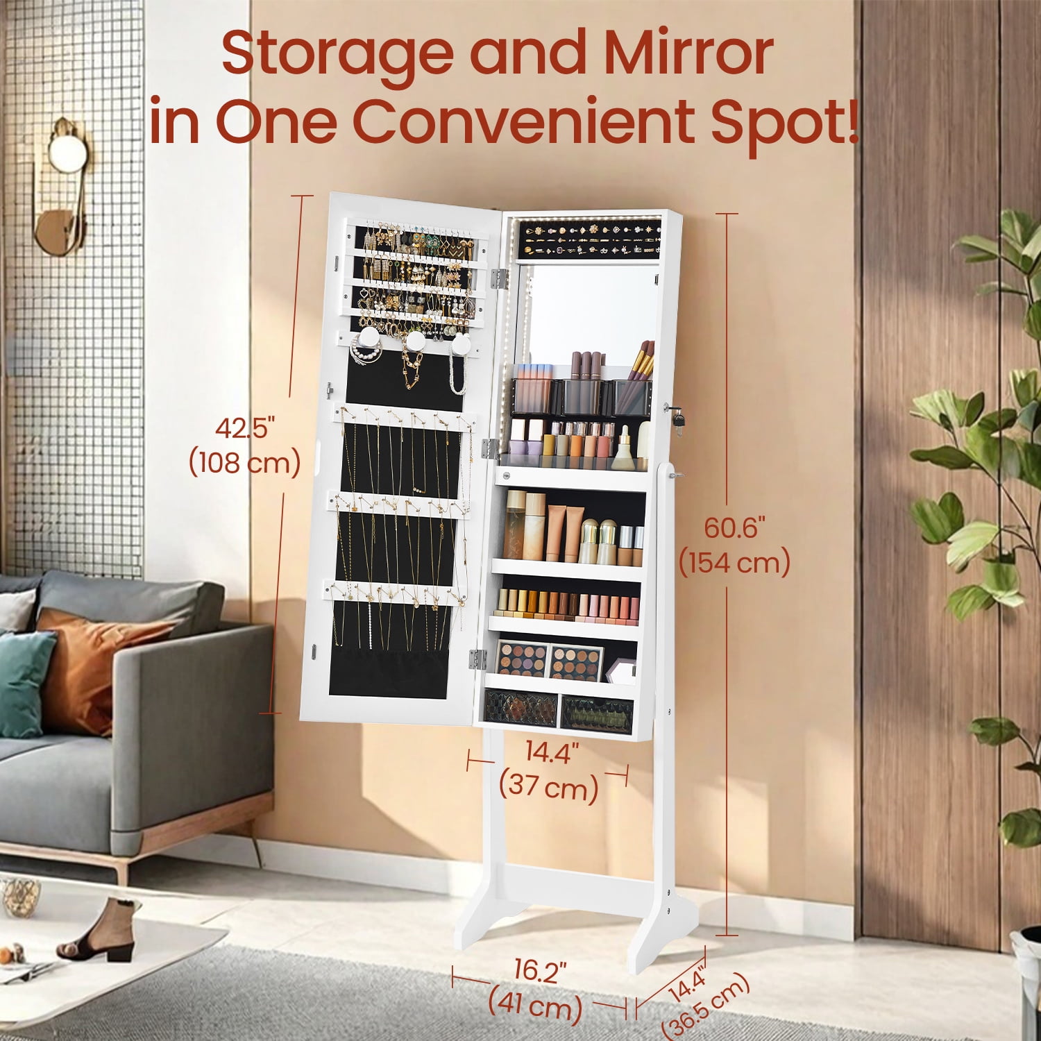 Standing Mirror Jewelry Cabinet, Full-Length LED Lights, 2 Drawers, Lockable, White, Jewelry Storage Armoire.