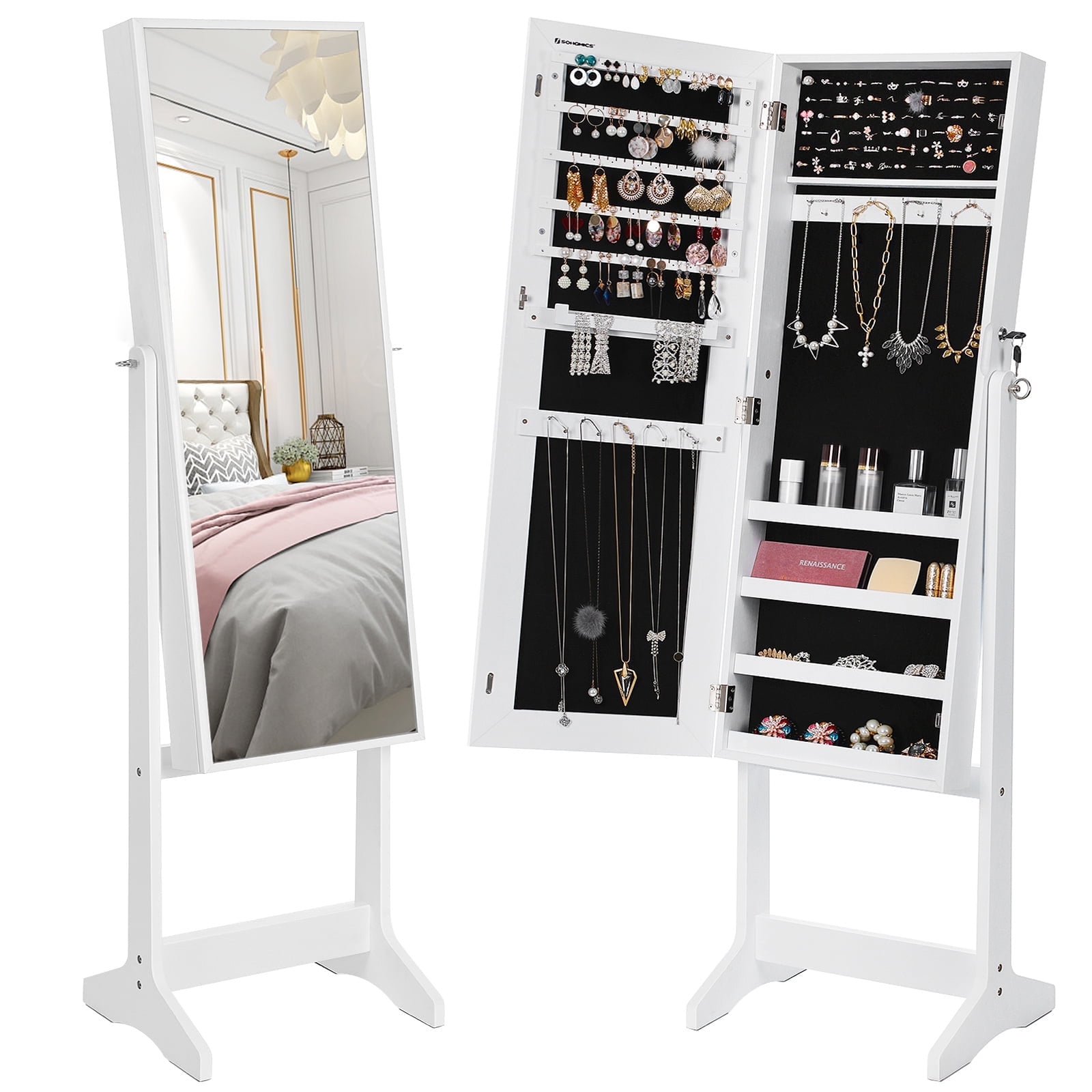 Jewelry Armoire Cabinet With Full-Length Mirror, Lockable Organizer, White & Black, Gift Idea