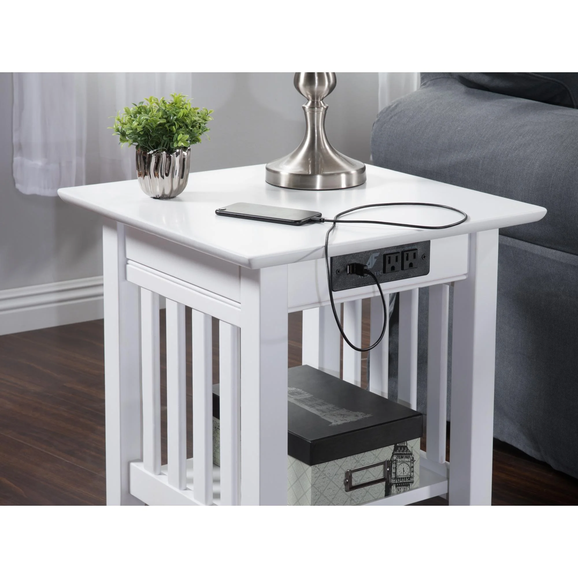 AFI Mission End Table with Charging Station, White