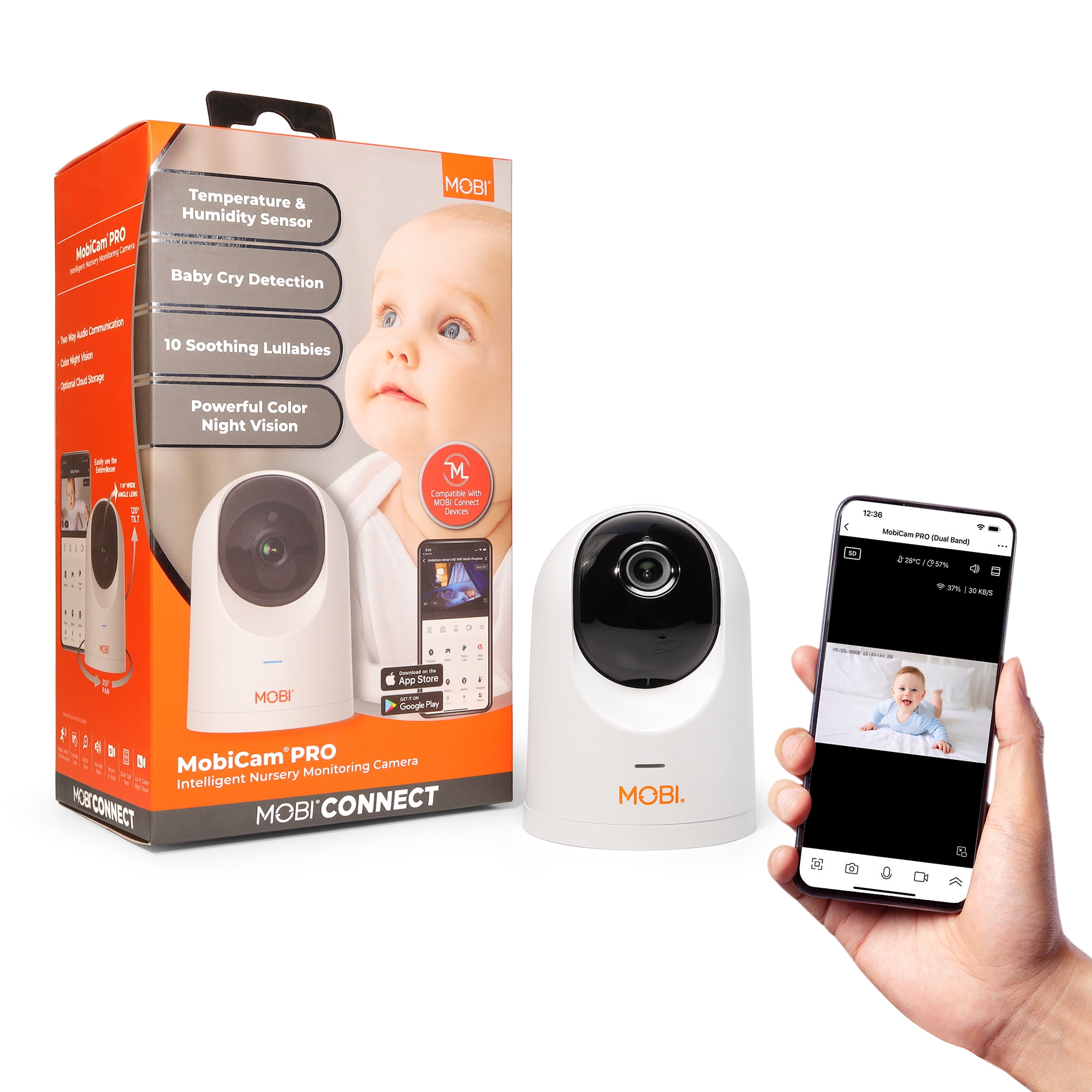 MobiCam PRO Baby & Home Monitoring Camera: Full HD, 355°Pan, 120°Tilt, 2-Way Audio, Color Night Vision, Motion Tracking & Sound Detection, Temp & Humidity Readings, Supports 5G/2.4GHz Wi-Fi