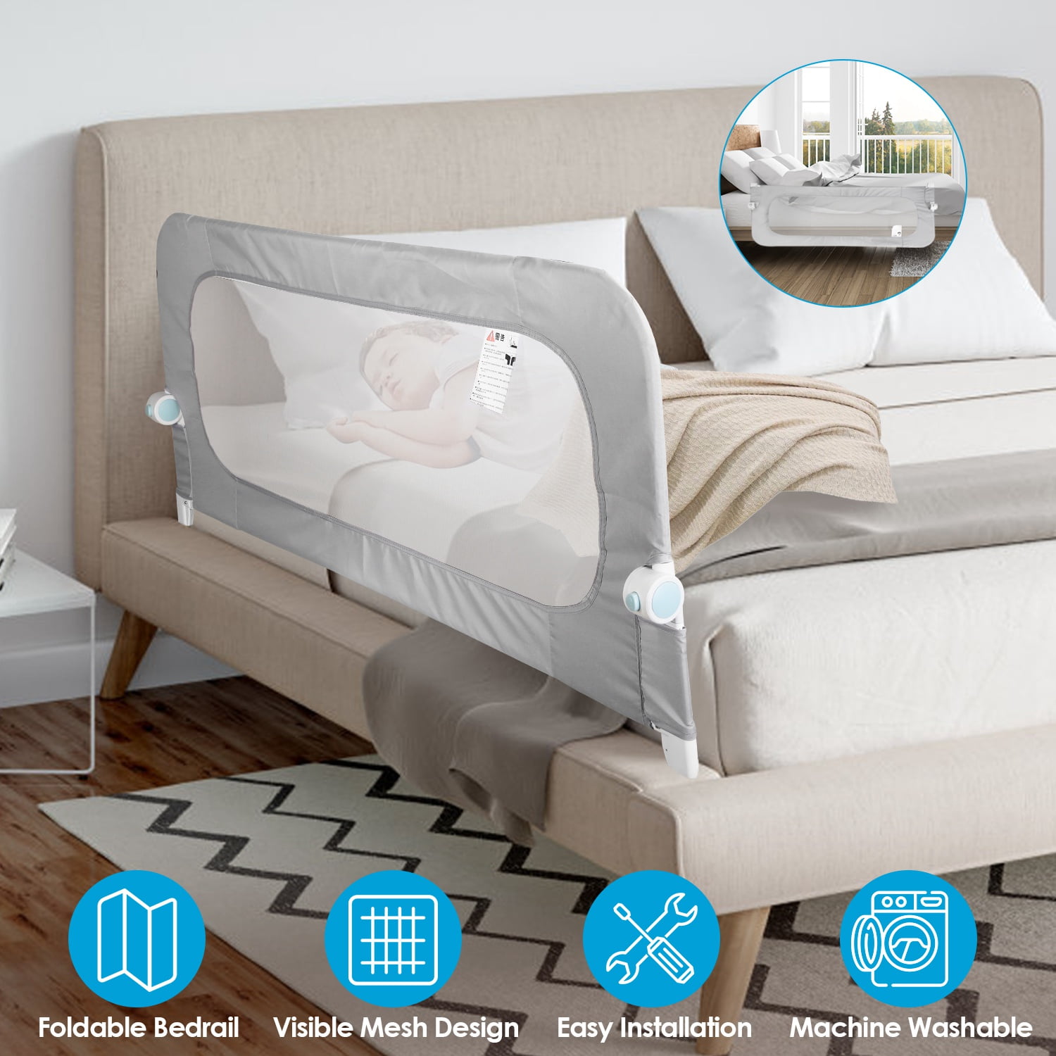 Moclever Foldable Baby Bed Rail Guard, 57.48in Extra Long Mesh Safety Kid Bedrail for Queen King Twin Full Size Bed, Gray