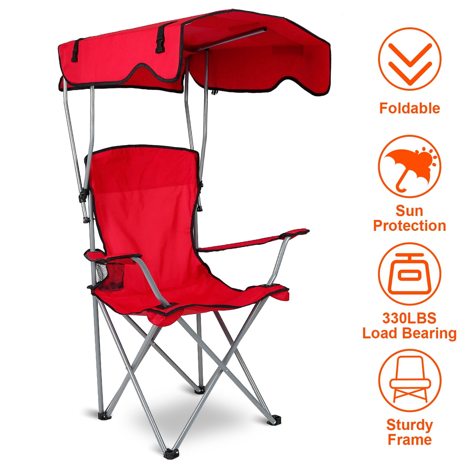 Moclever Portable Camping Chair Foldable Beach Canopy Chair Sun Protection 330lbs Load with Cup Holder for Outdoor Beach Travel, Red