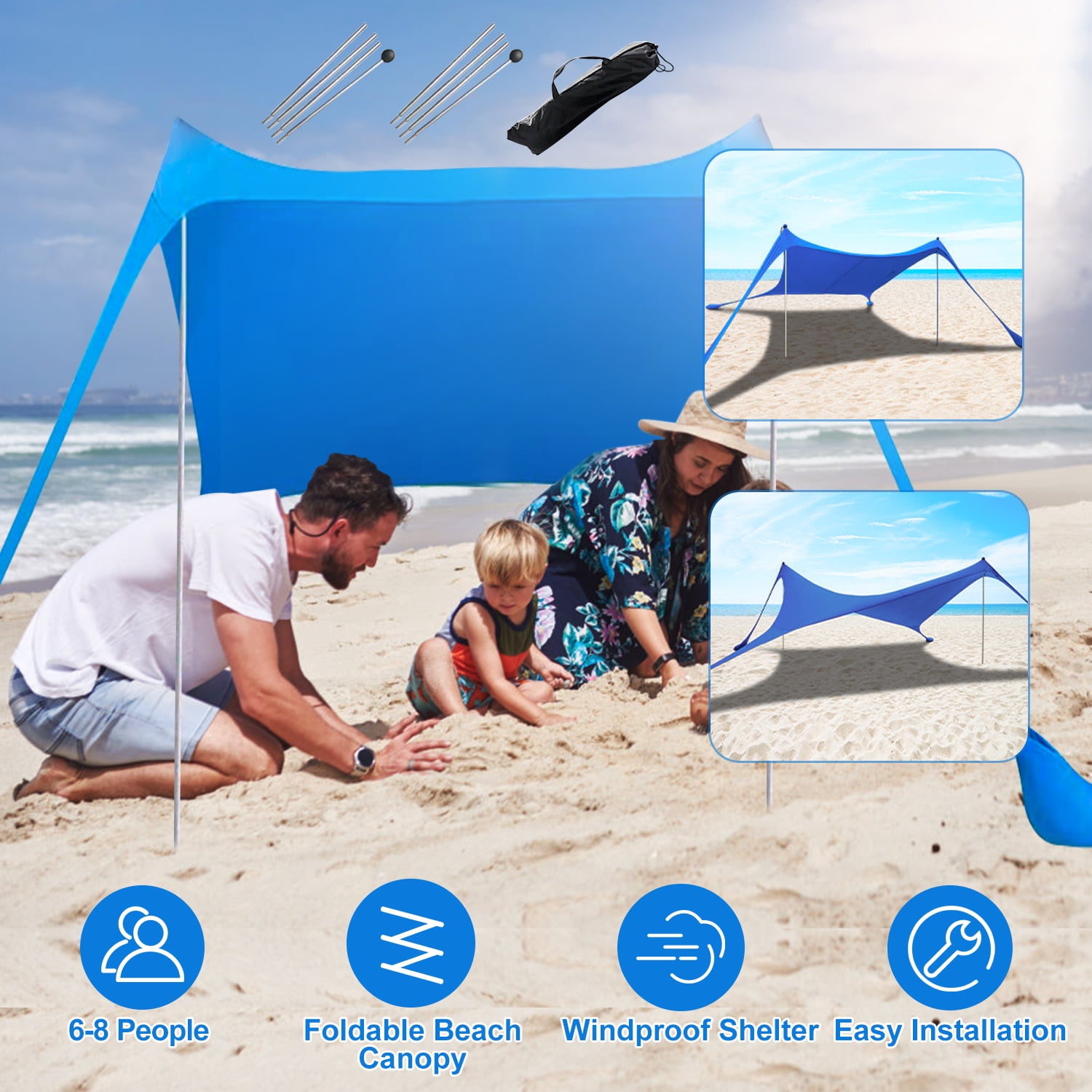 Moclever 9.8x9.8x6.5ft Sun Shelter for Beach, Portable Beach Tent Sun Protection Windproof, Blue