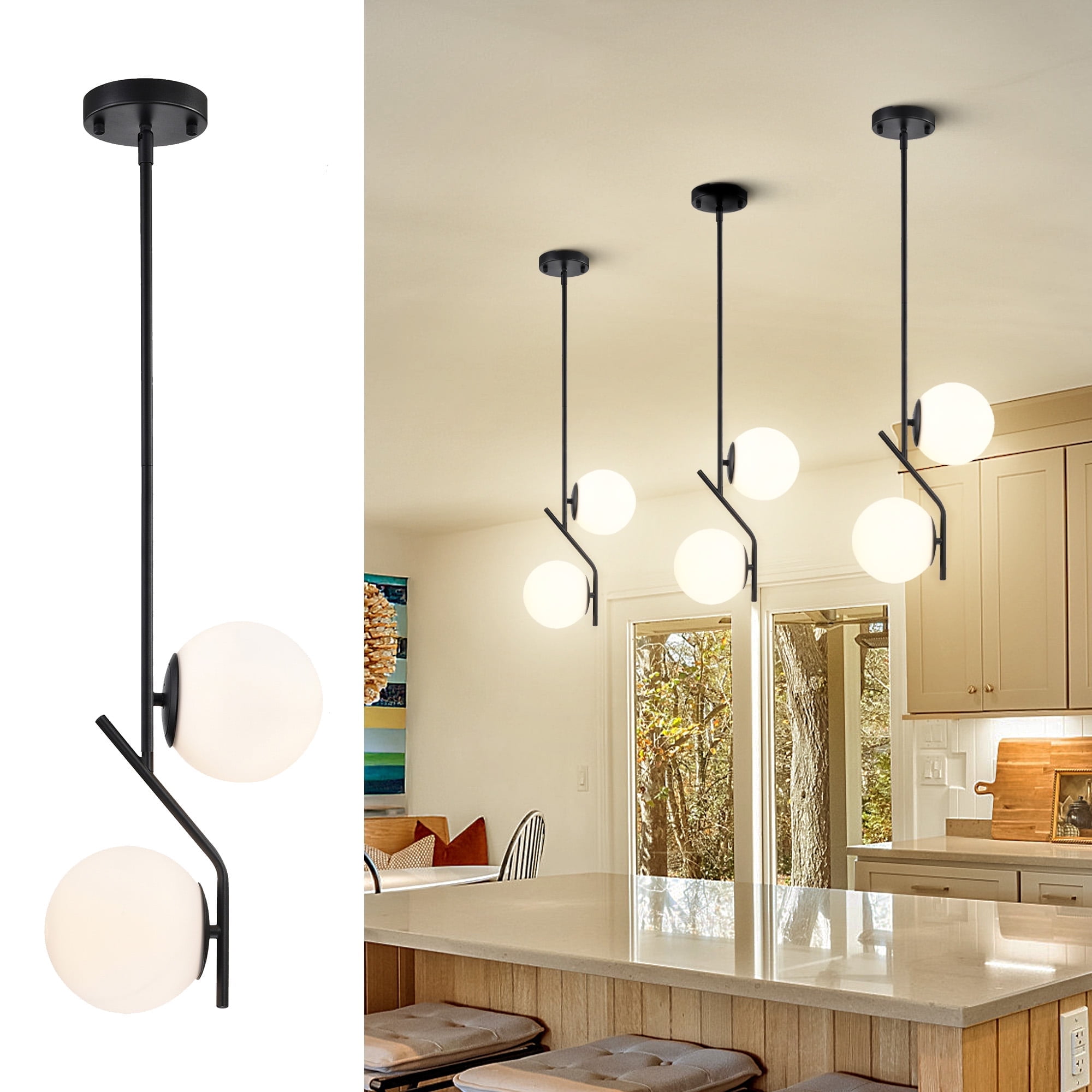 ASHOP Matte Black Adjustable Glass Globe Pendant Light, 2-Light Mid-Century Modern Lighting for Kitchen Island