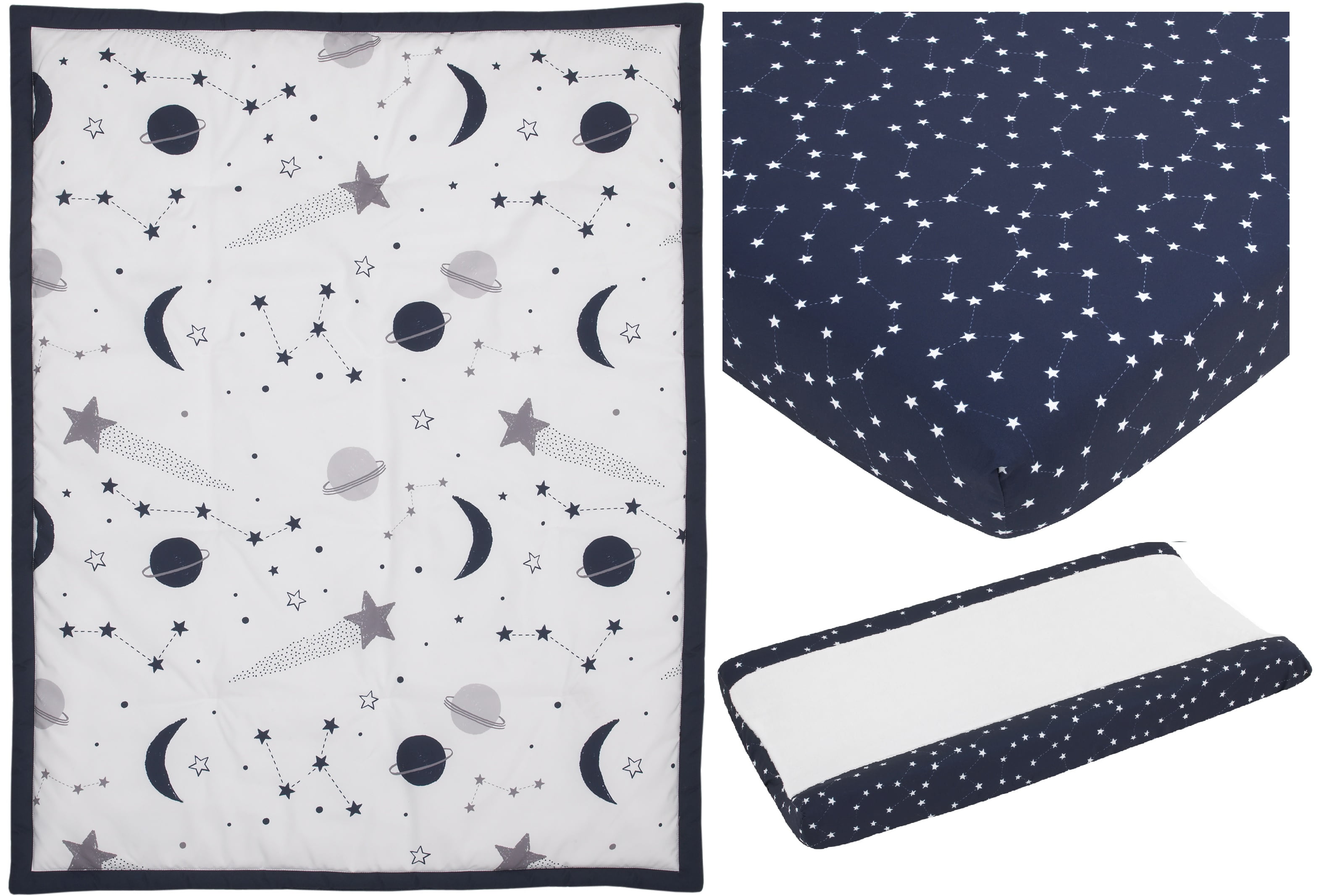 MoDRN Celestial Stars 3-Piece Crib Bedding Set, Navy, Grey, and White