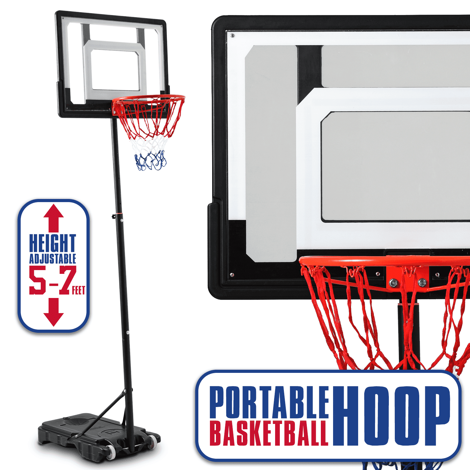 MoNiBloom Portable Basketball Hoop Goal 5ft - 7ft Adjustable with 33" Backboard Wheels Fillable Base, for Kids/Adults Indoor Outdoor, Birthday Gift, Black