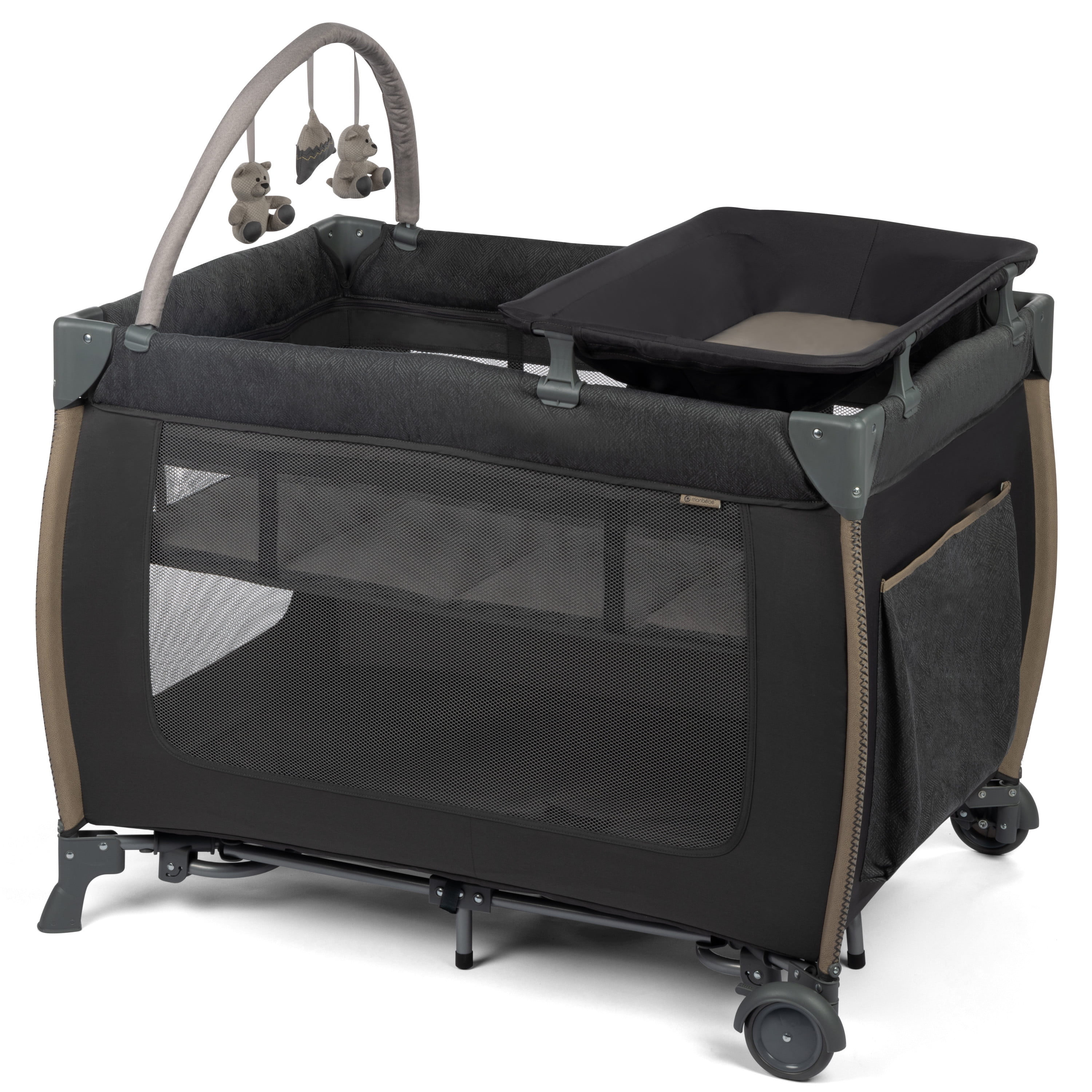 Monbebe Play Yard – Full-Size Rocking Bassinet, Removable Changer & Toy Bar – Castle Point