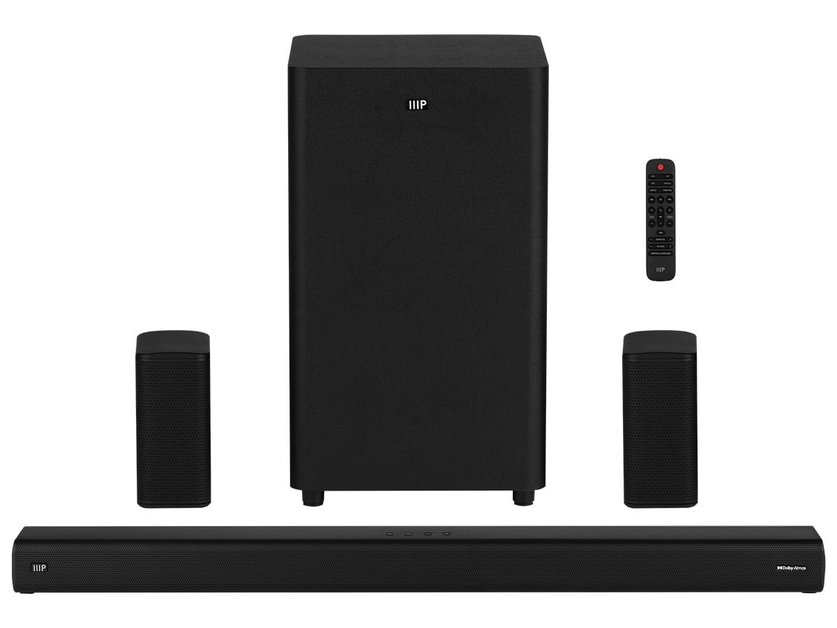 Monoprice SB-600 Dolby Atmos 5.1.2 Soundbar with Wireless Subwoofer & Wireless Satellite Speakers, HDMI Inputs, eArc, Bluetooth, Toslink, Coax, Remote