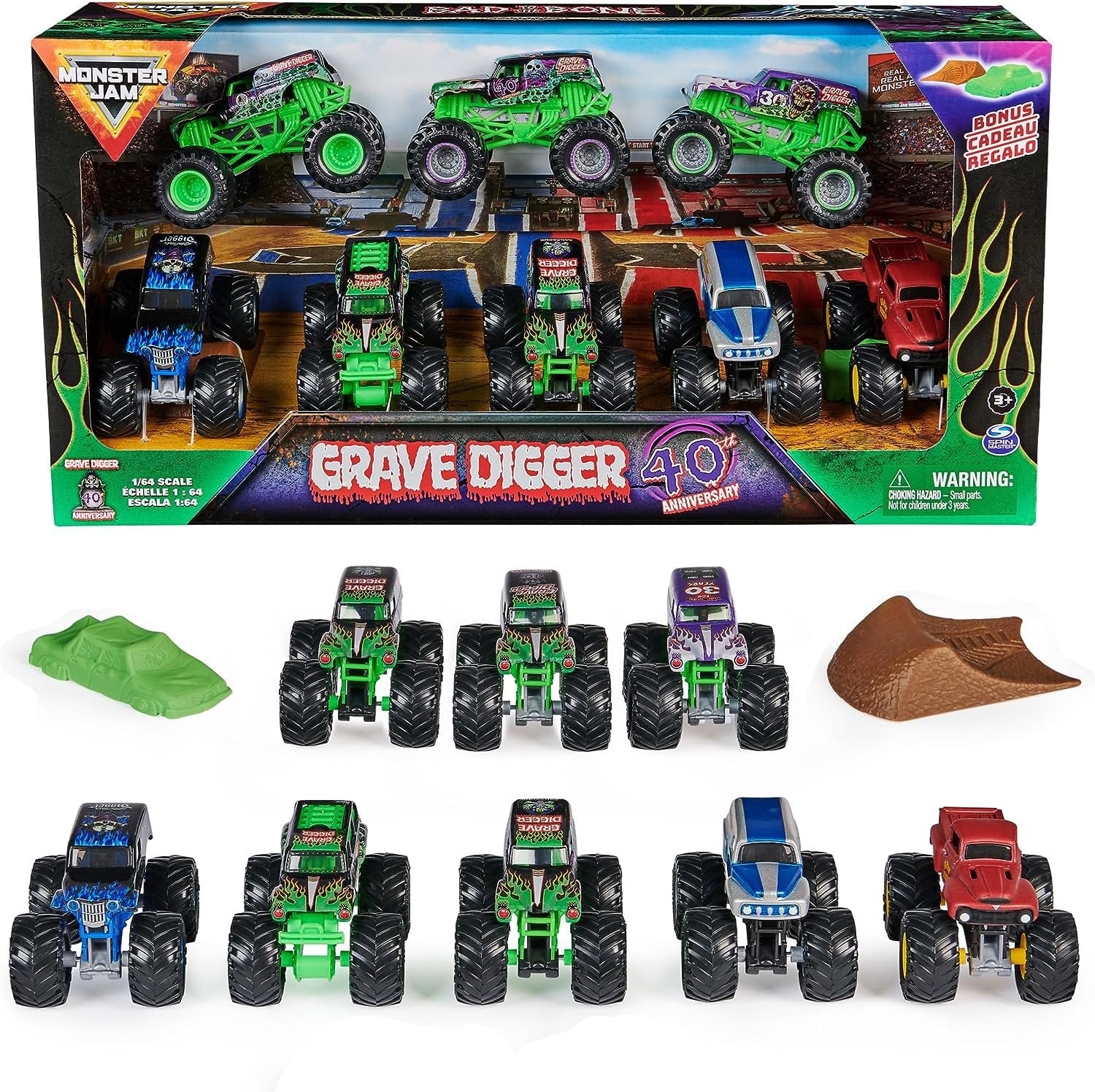Monster Jam, Grave Digger 40th Anniversary 8-Pack Monster Trucks with Bonus Accessories, 1:64 Scale, Kids Toys for Boys and Girls 3 and up