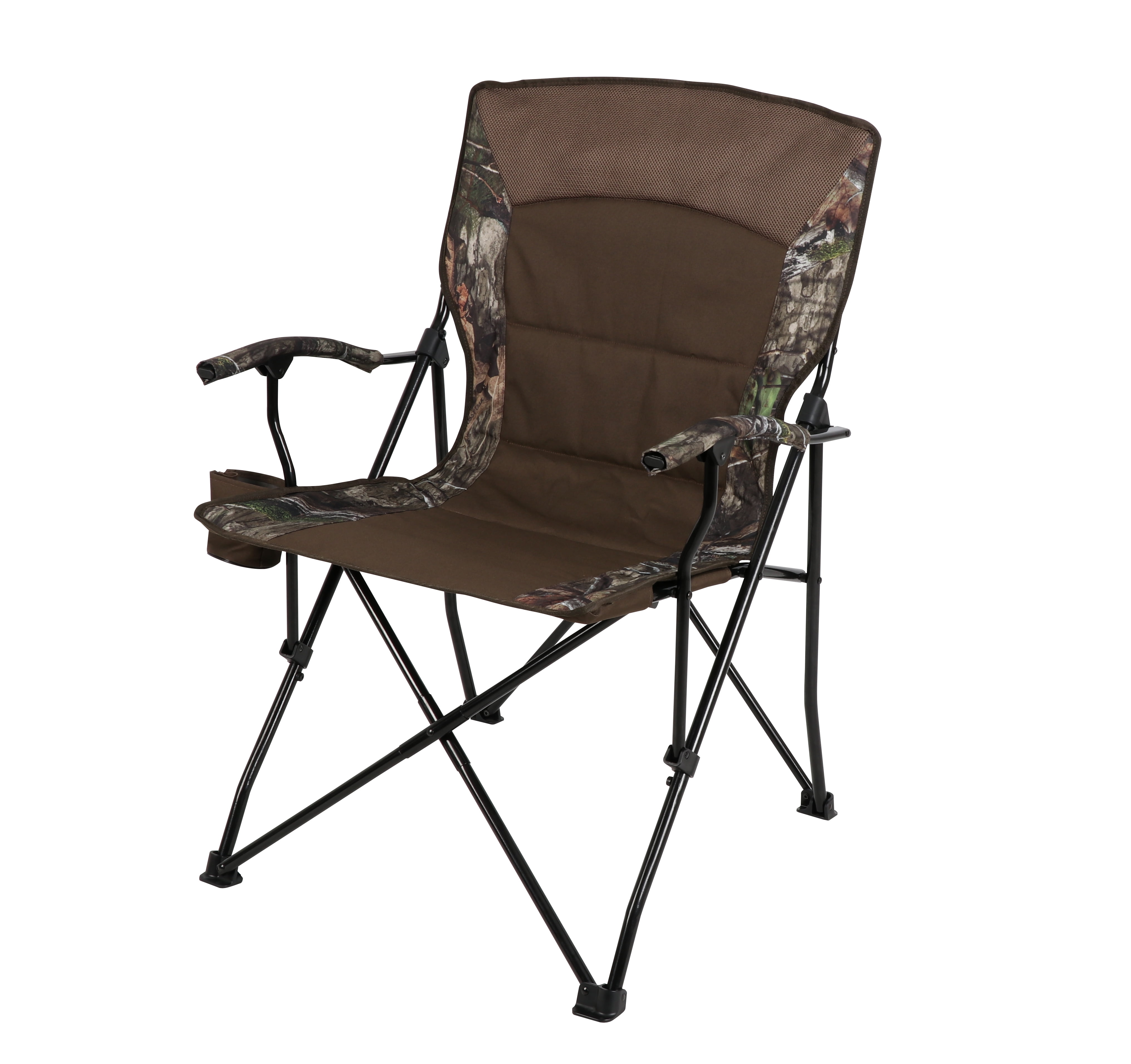 Mossy Oak Hard Arm Camp Quad Chair with Cupholder, Brown Camo