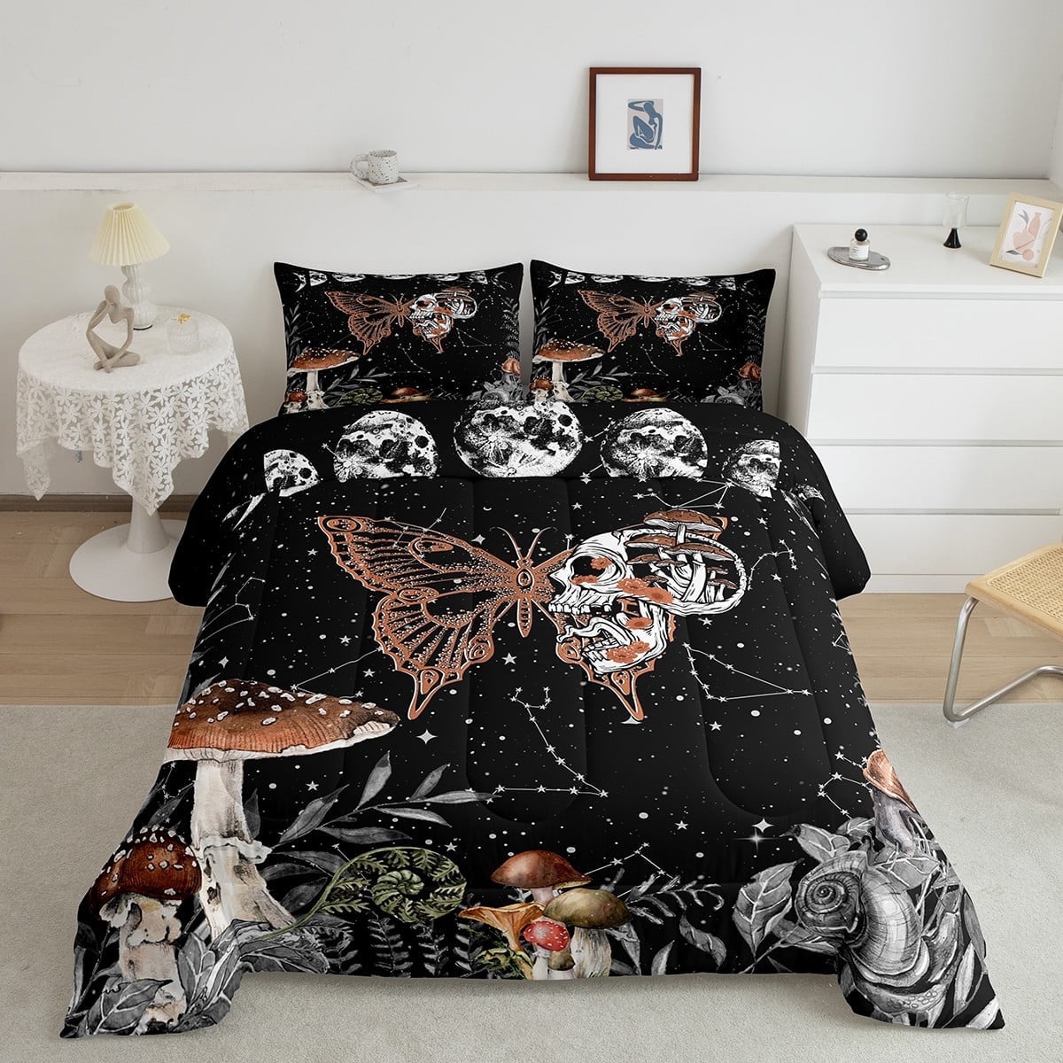 Moth Skull Decor Bedding Sun and Moon Skeleton Bones Bedding Comforter Sets Boho Mushroom Fungus Gothic Butterfly Comforter Set Halloween Witchy Moon Night Hippie Duvet Insert, Queen