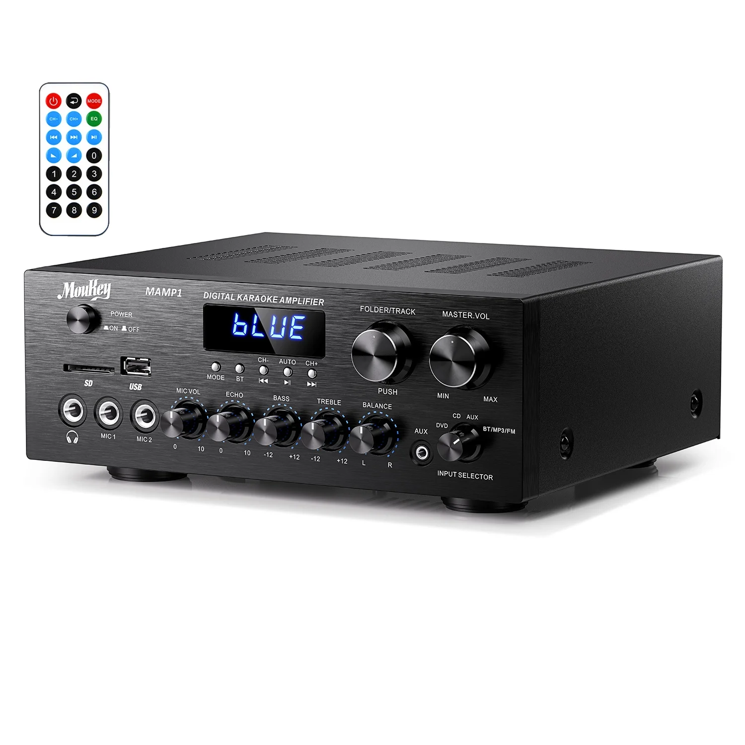Moukey Home Audio Amplifier 220W Dual Channel Stereo Receiver System Bluetooth 5.0 w/Usb, Sd, Aux, Mic in w/Echo, Radio, LED - for Studio Use - MAMP1