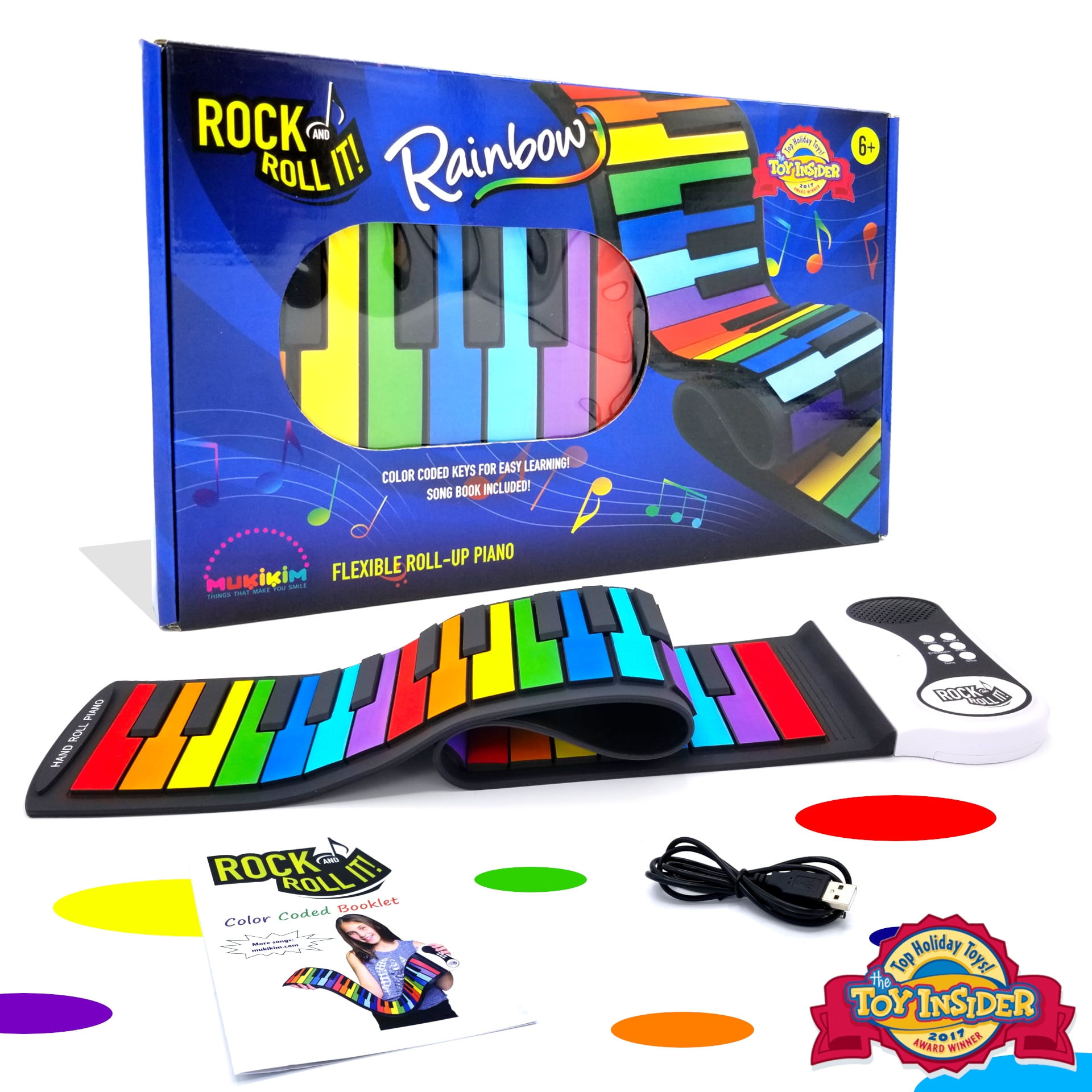 MukikiM Rock and Roll It - Rainbow Piano. Roll Up Flexible Piano Keyboard for Children. Portable Piano Pad. Play-by-Color Songbook Included!