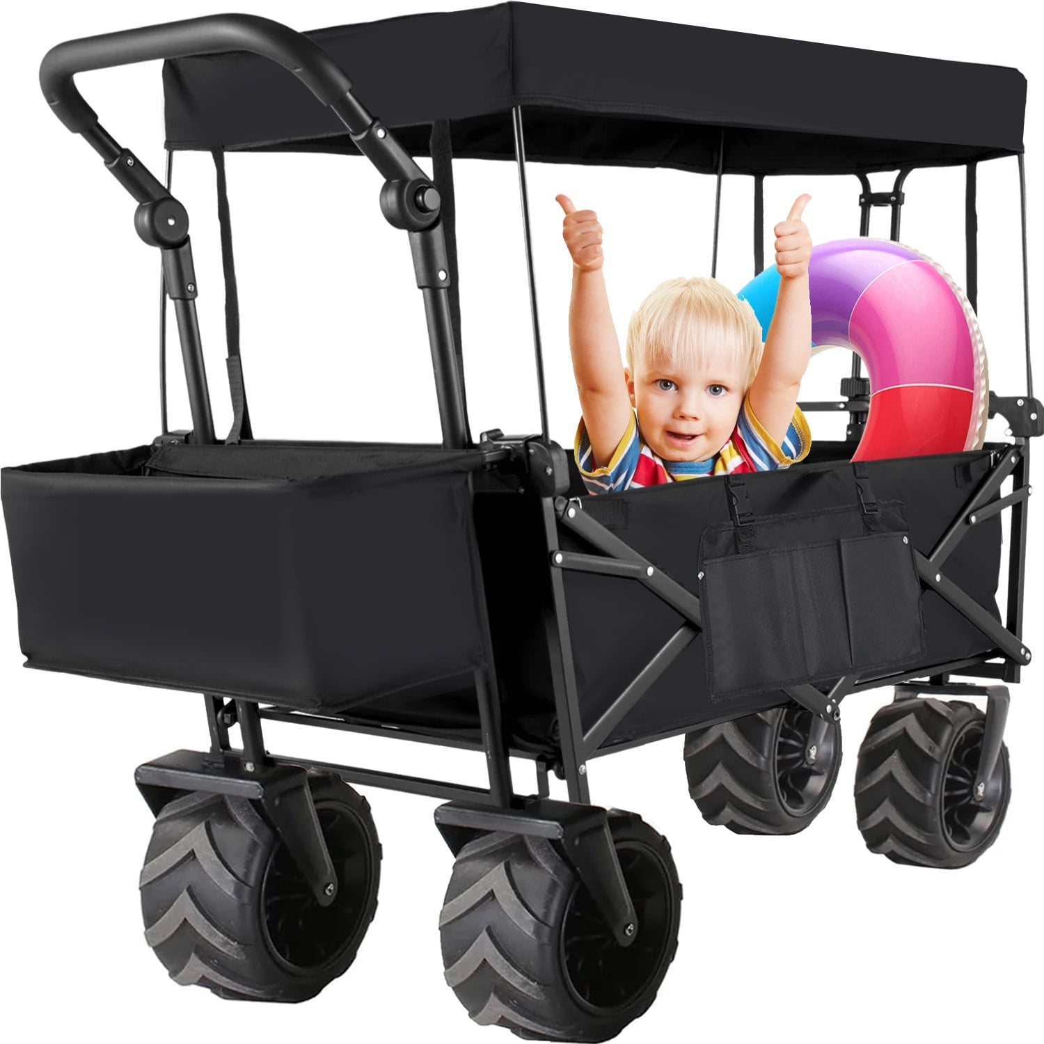 Folding Wagon Cart with Removable Canopy, All-Terrain Wheels,Utility Cart for Grocery, Garden, Shopping, Outdoor, Beach