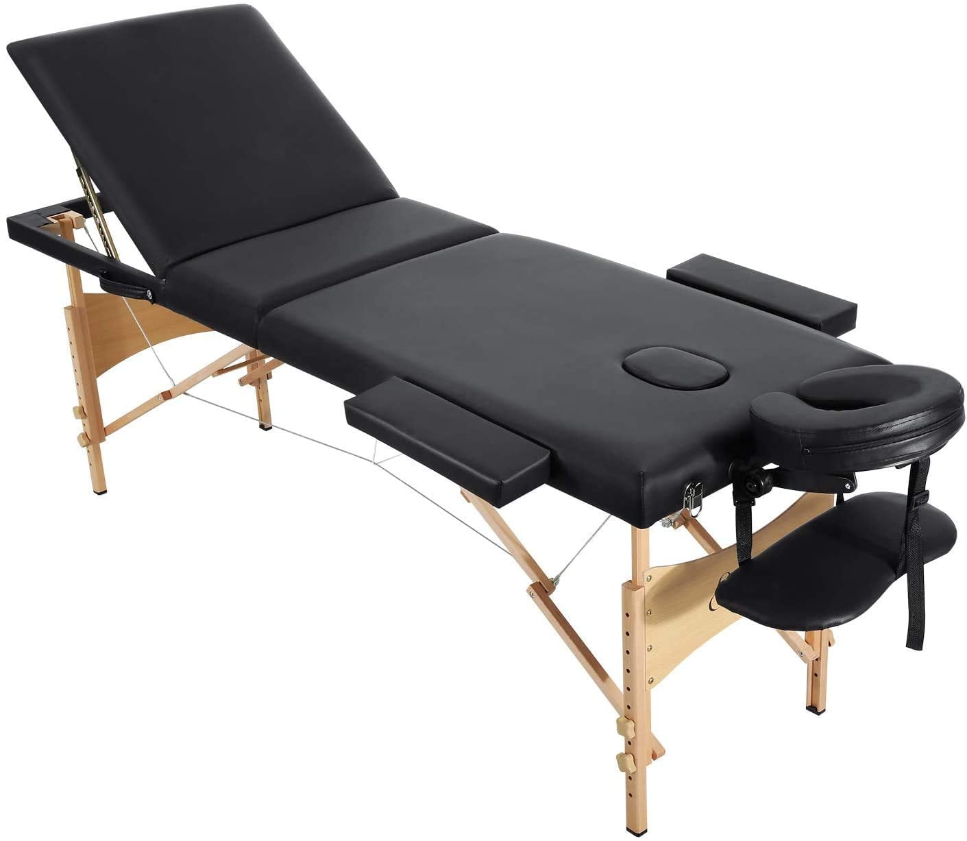 Naipo Massage Table Portable Massage SPA Lash Bed Height Adjustable 3 Sections Wooden Legs with Face Hole and Carrying Bag