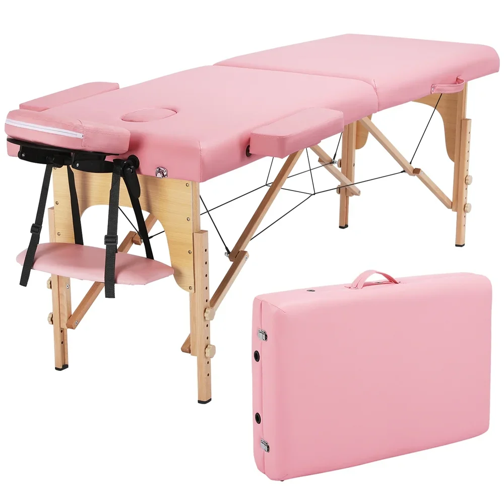 Naipo Portable Massage Table Pink Wide Massage Bed 84 Inches Spa Bed 2 Fold Adjustable 9 Heigh Salon Bed Face Cradle Bed Carry Case - Light Pink