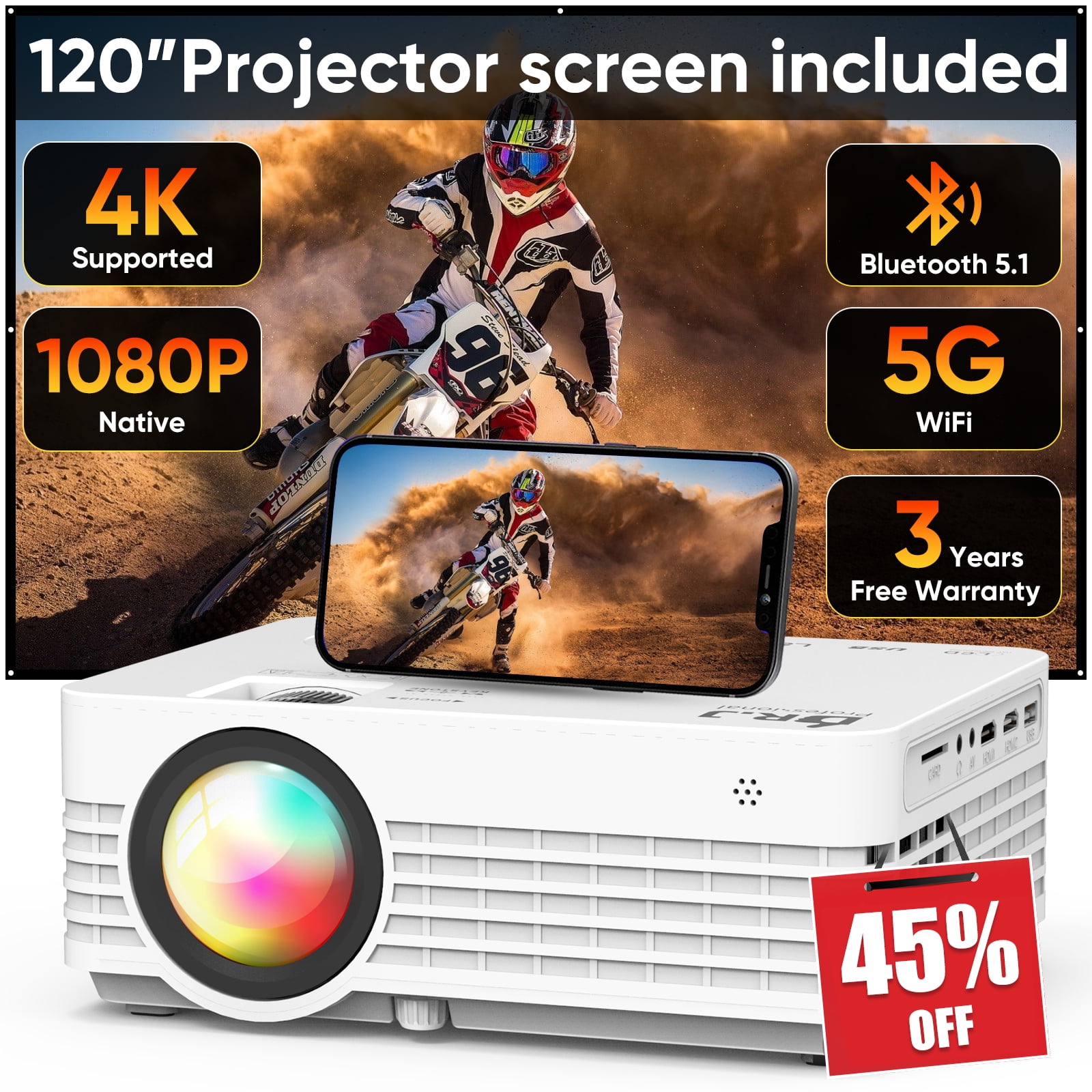 Native 1080P 300" 5G WiFi Projector with Bluetooth 5.1, Outdoor Movie Projector [120'' Screen Included]