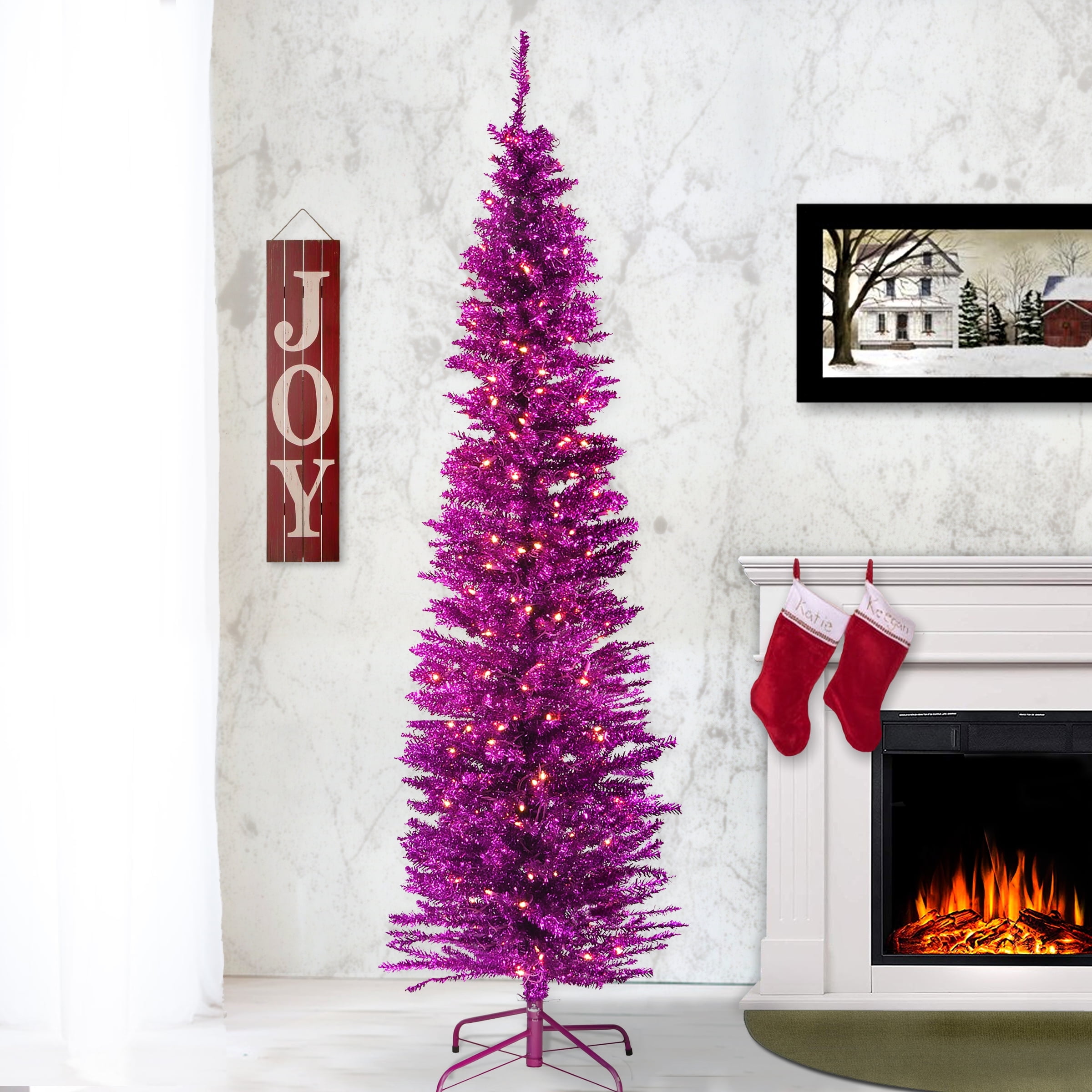 National Tree Company 7 ft. Pre-Lit Artificial Magenta Pink Slim Tinsel Christmas Tree, 210 Clear Lights, Includes Stand